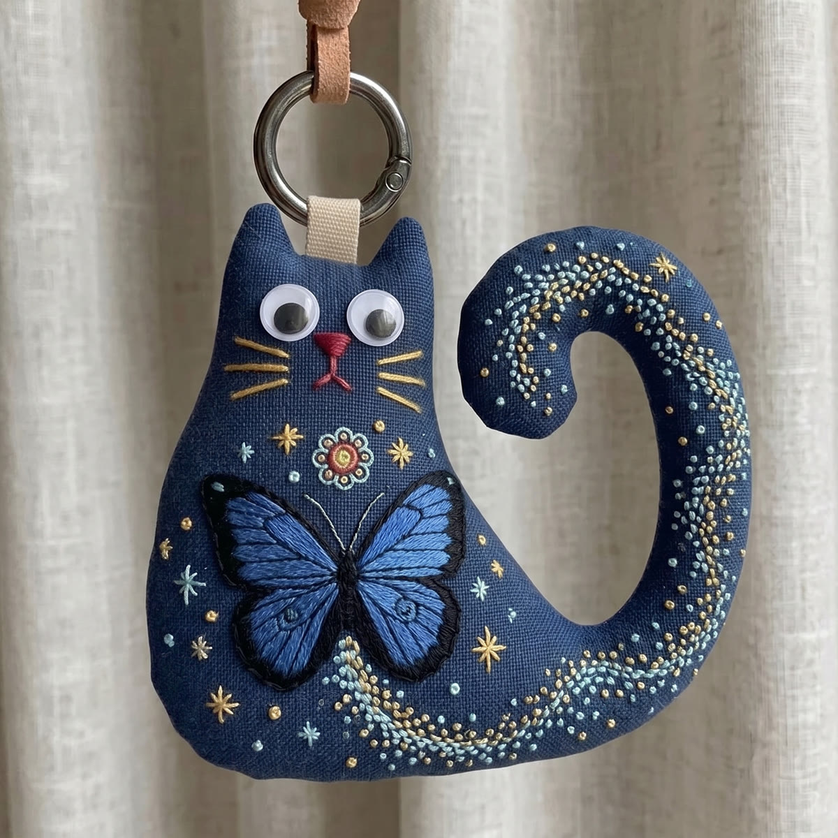 Rubbyoo Cat Embroidery Kit - Blue Butterfly | Unique Birthday Gift For Her | Dreamy Backpack Pendant - 6 inches hoop kit - image 1