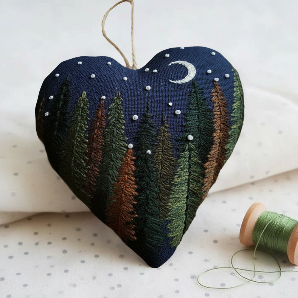 Rubbyoo Heart Embroidery Kit - Midnight Forest | Rustic Embroidered Handicraft | Healing Landscape Bag Charm - image 2
