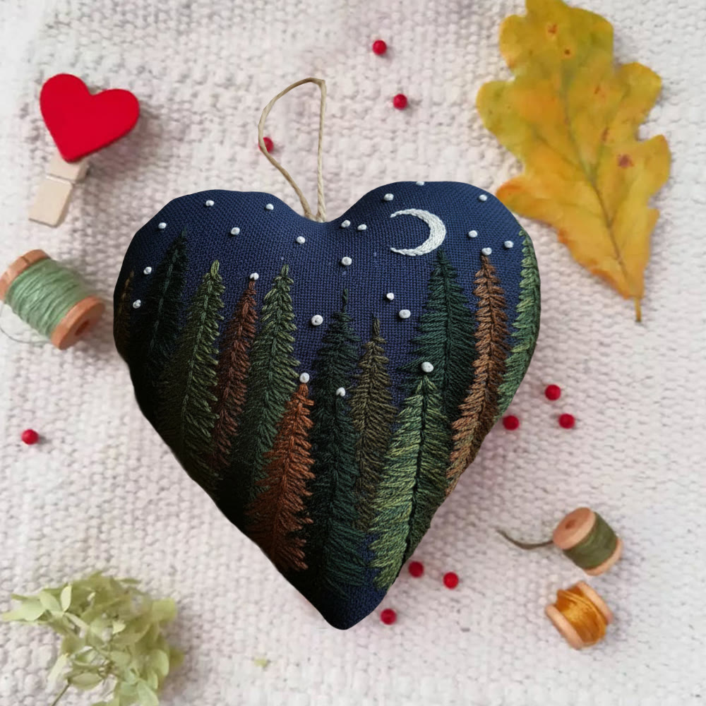 Rubbyoo Heart Embroidery Kit - Midnight Forest | Rustic Embroidered Handicraft | Healing Landscape Bag Charm - image 3