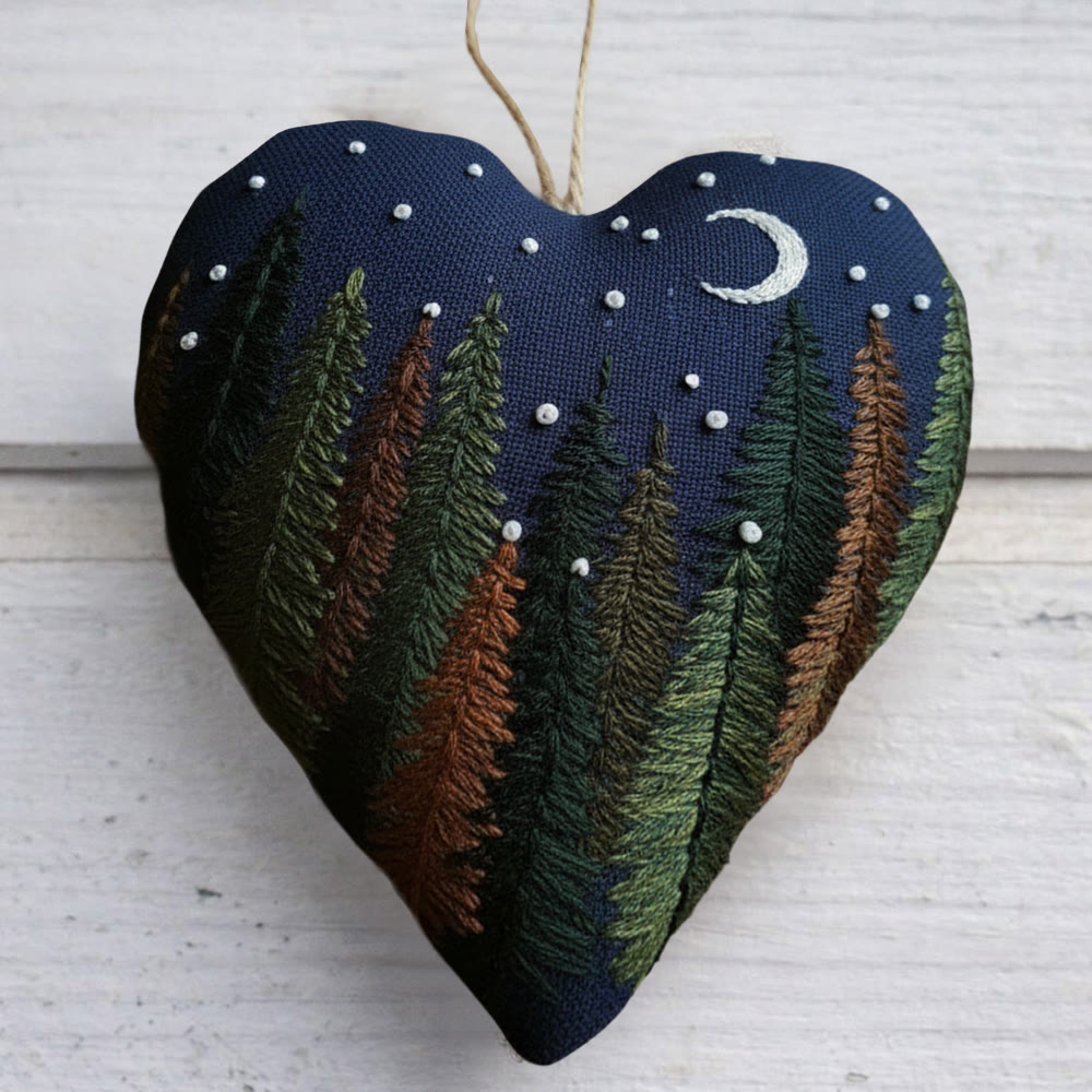 Rubbyoo Heart Embroidery Kit - Midnight Forest | Rustic Embroidered Handicraft | Healing Landscape Bag Charm - 6 inches hoop kit - image 1