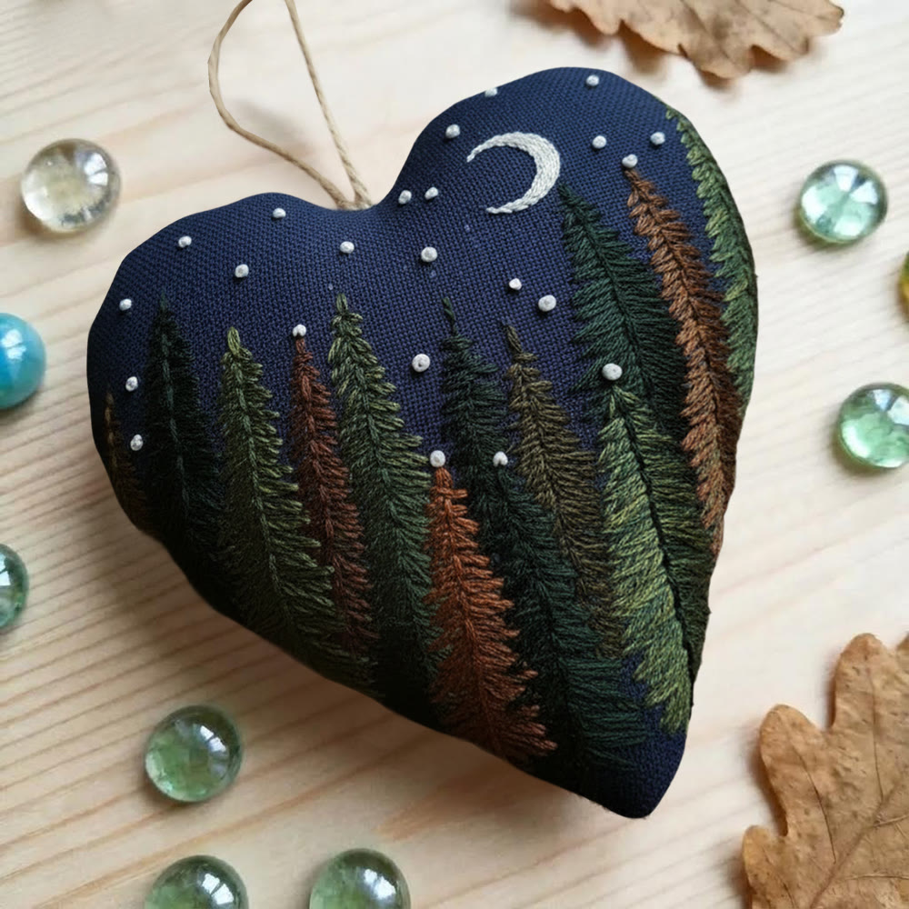 Rubbyoo Heart Embroidery Kit - Midnight Forest | Rustic Embroidered Handicraft | Healing Landscape Bag Charm - image 7