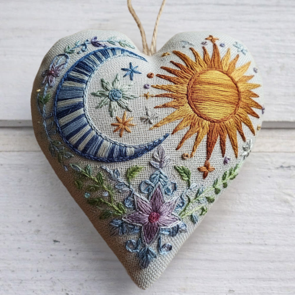 Rubbyoo Heart Embroidery Kit - Sun & Moon |  Folk-Art Style DIY Needlework | Nature Lover's Heart Ornament - 6  inches hoop kit - image 1