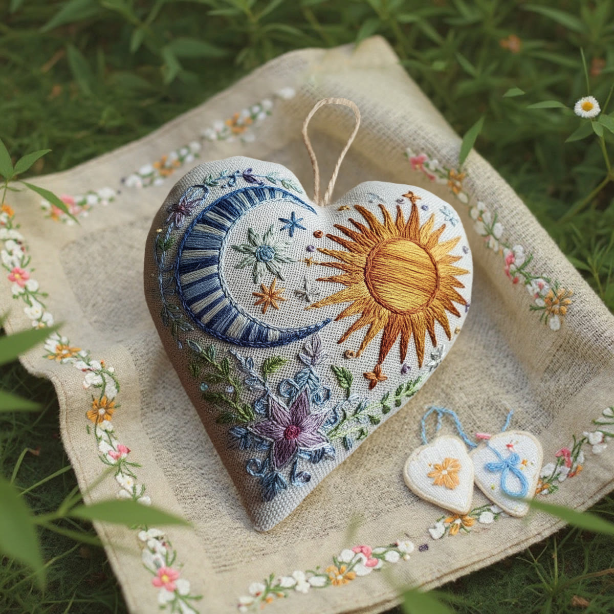 Rubbyoo Heart Embroidery Kit - Sun & Moon |  Folk-Art Style DIY Needlework | Nature Lover's Heart Ornament - image 4