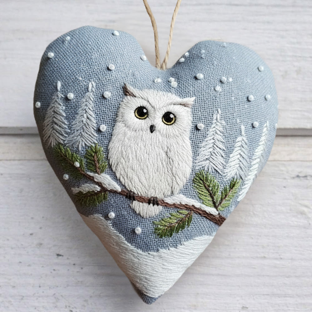 Rubbyoo Heart Embroidery Kit - Snowy Owl |  Artistic Snowfall Sewing Kit | Blue Cozy Room Accessory - 6 inches hoop kit - image 1