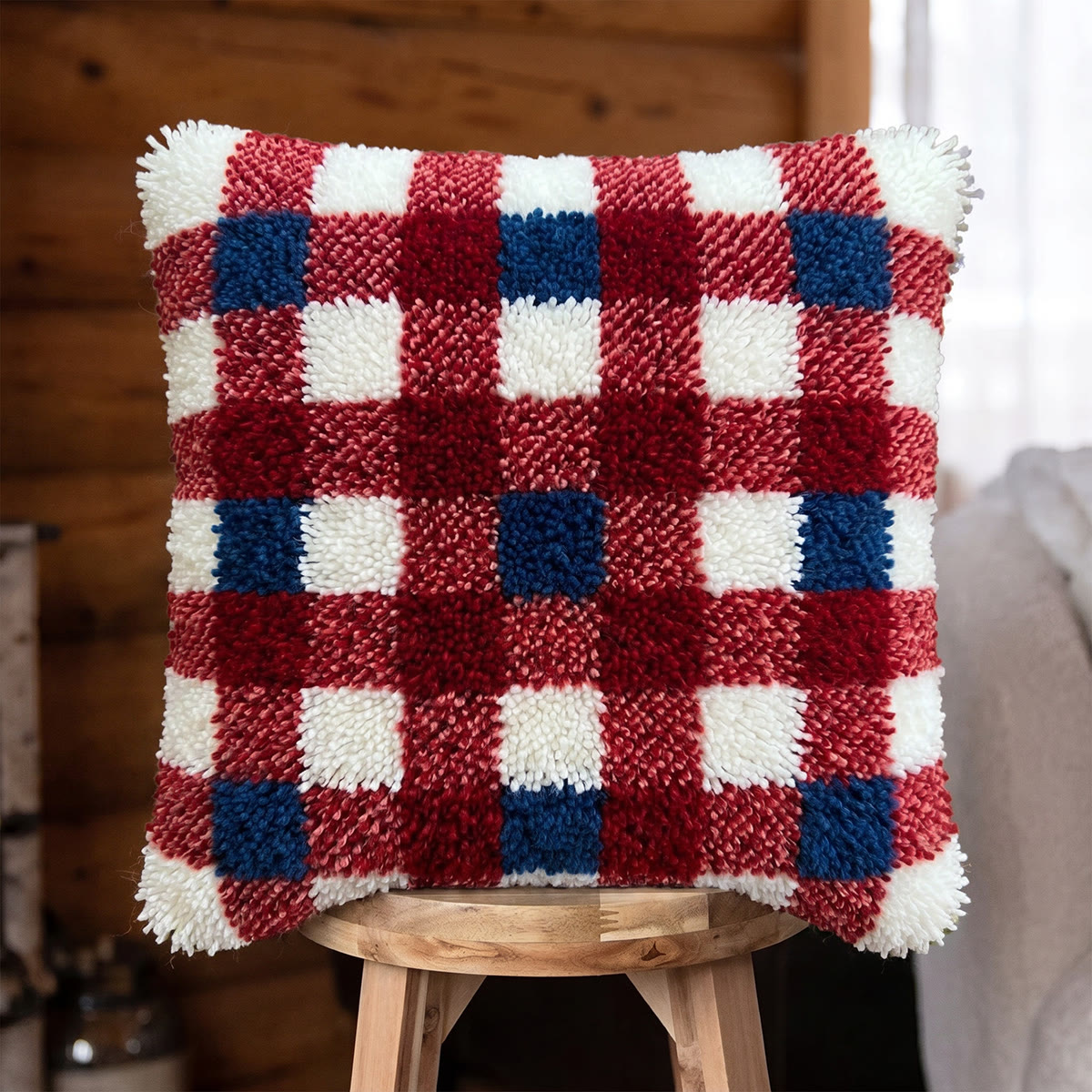 Rubbyoo Latch Hook Pillow Kit - Classic Plaid Design | Americana-inspired Handicraft | Unique Pillow Cover  - 43*43cm - image 1