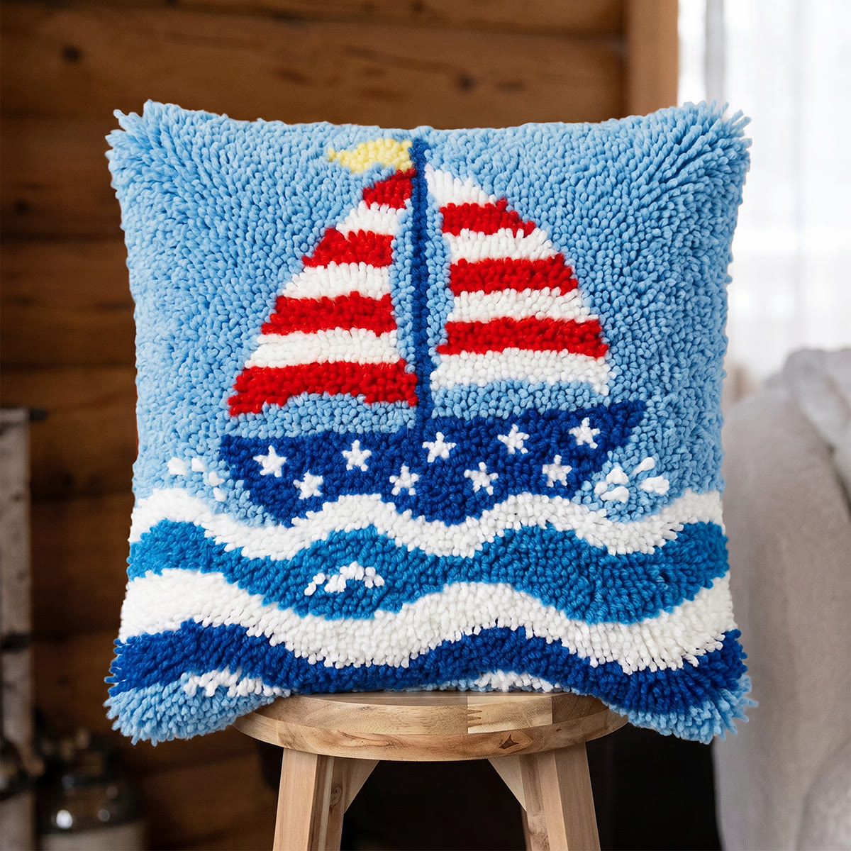Rubbyoo Latch Hook Pillow Kit - Sail Boat | Handmade Housewarming Gift | Patriotic Pillow Case - 43*43cm - image 1