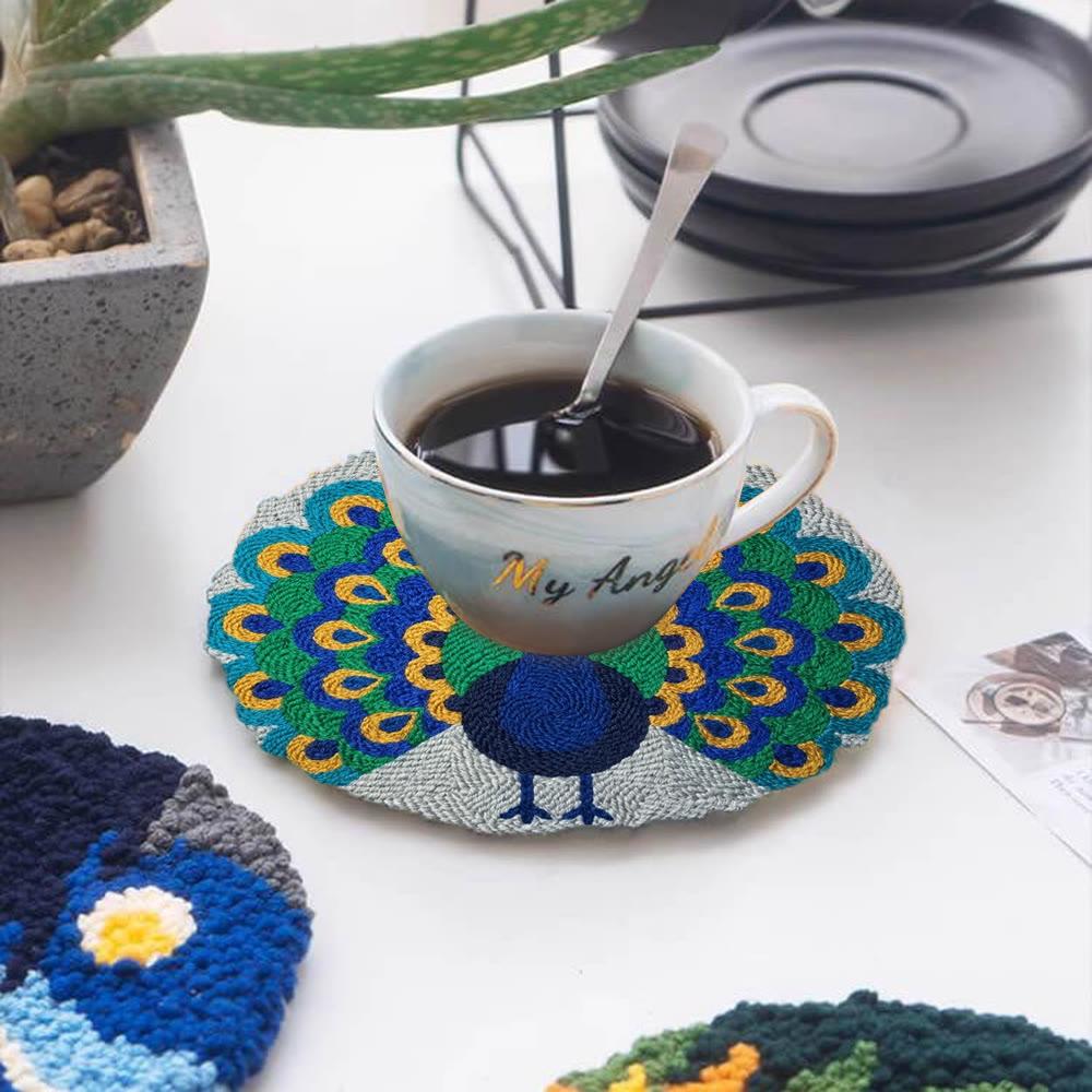 Peacock King Punch Needle Kit - Starter DIY Needlework Option | Delicate Animal Wall Art - 5 inch Coaster Kit - image 12