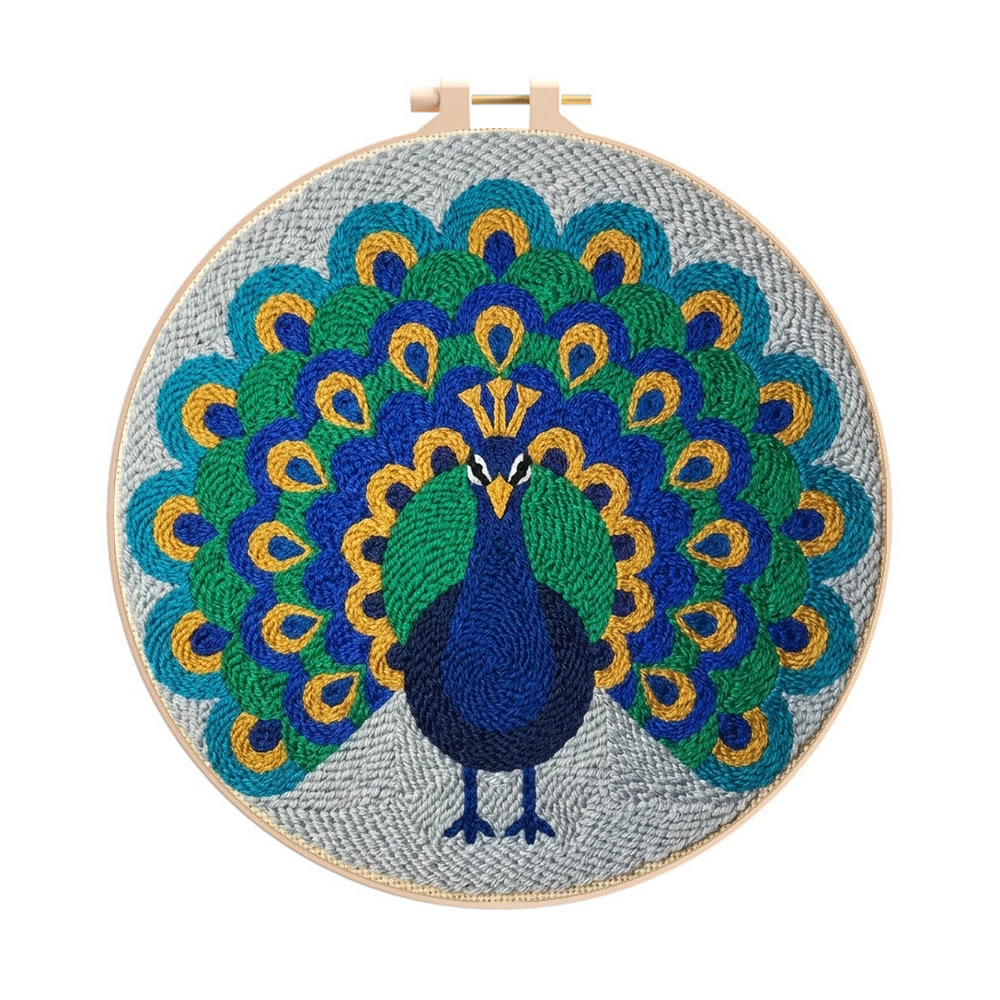Peacock King Punch Needle Kit - Starter DIY Needlework Option | Delicate Animal Wall Art - 8 inch Hoop Kit - image 1