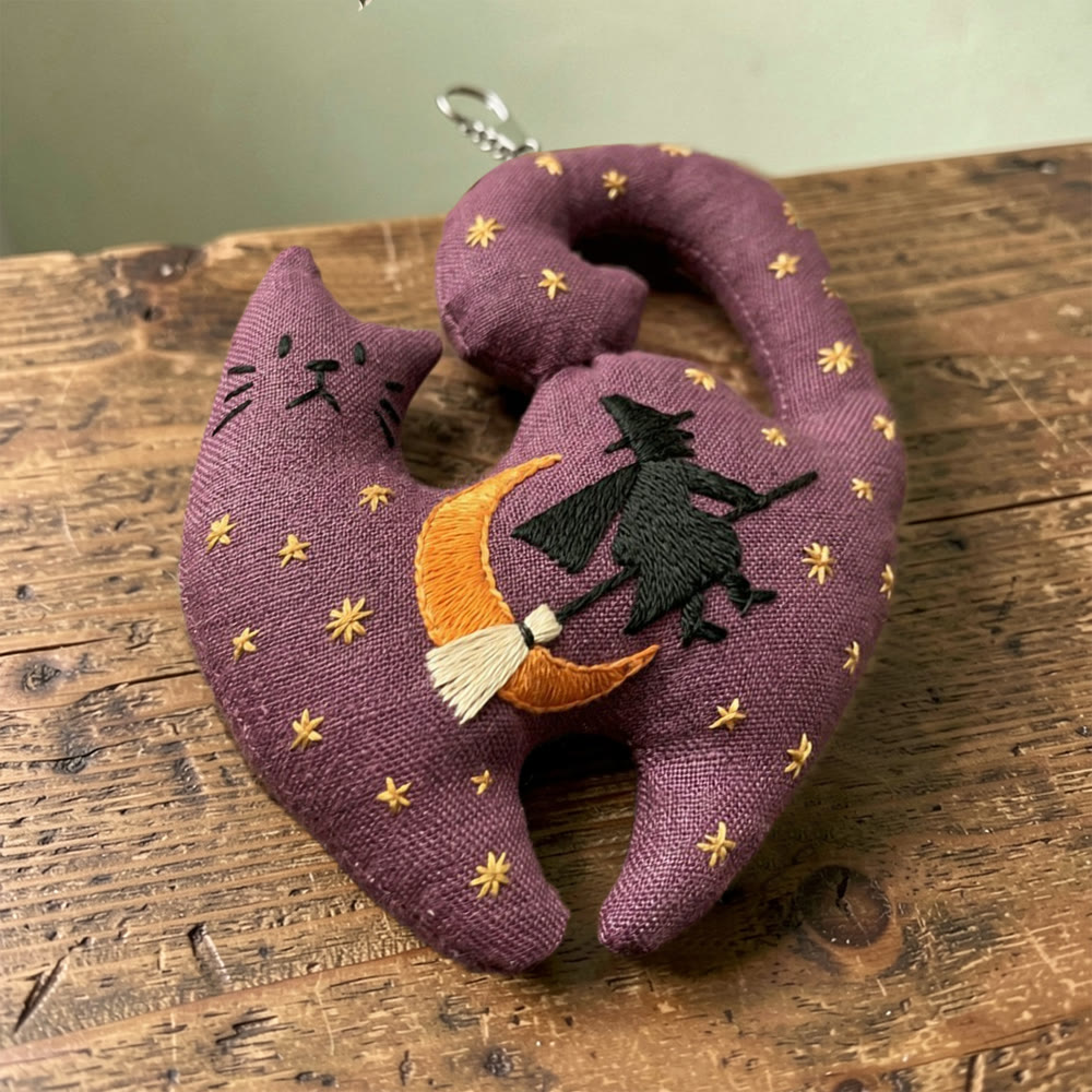 Rubbyoo Kitty Embroidery Kit - Pumpkin Witch | Gothic Handmade Cat-shaped Pendant | Halloween Present Choice - 6 inches hoop kit - image 1