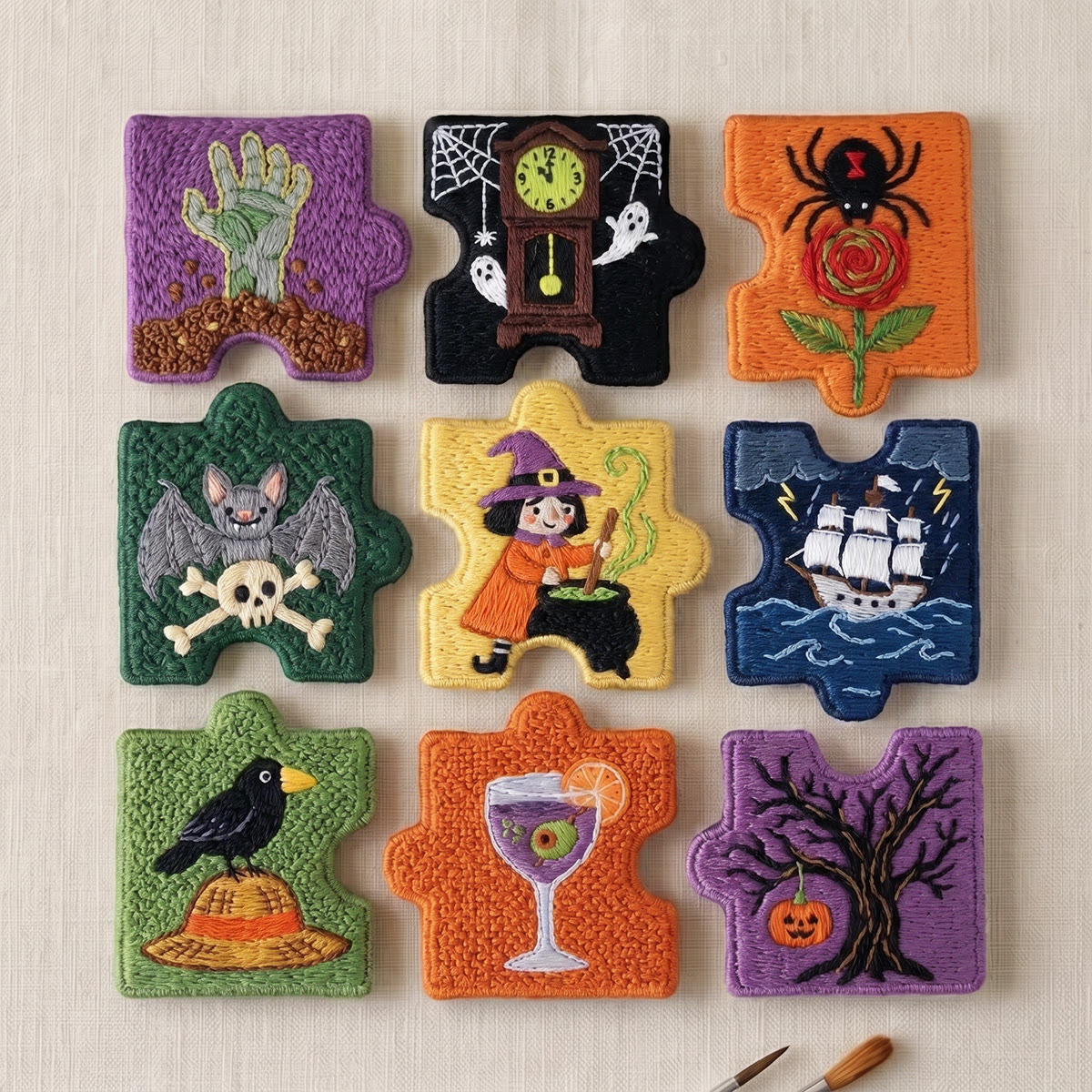 Rubbyoo Diy Magnet & Brooch Embroidery Puzzle Kit - Cute Witch Zombie | Spooky Halloween Fridge Magnets - 9-pcs Puzzle Brooch Kit - image 1