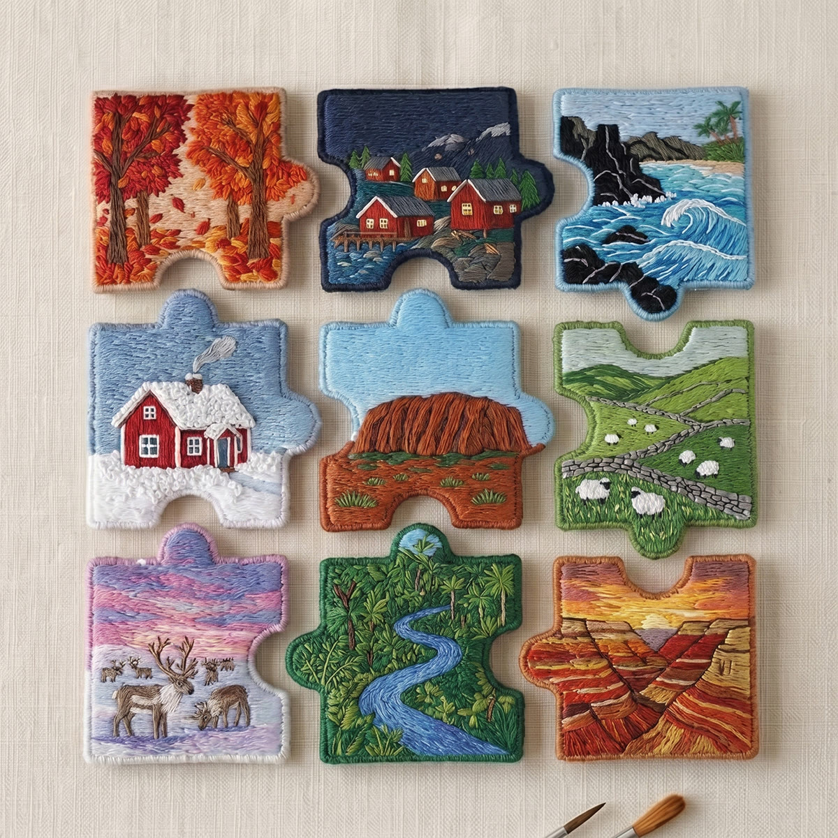 Rubbyoo Diy Magnet & Brooch Embroidery Puzzle Kit - Landscape Art | Unique Birthday Gift For Her - 9-pcs Puzzle Brooch Kit - image 1