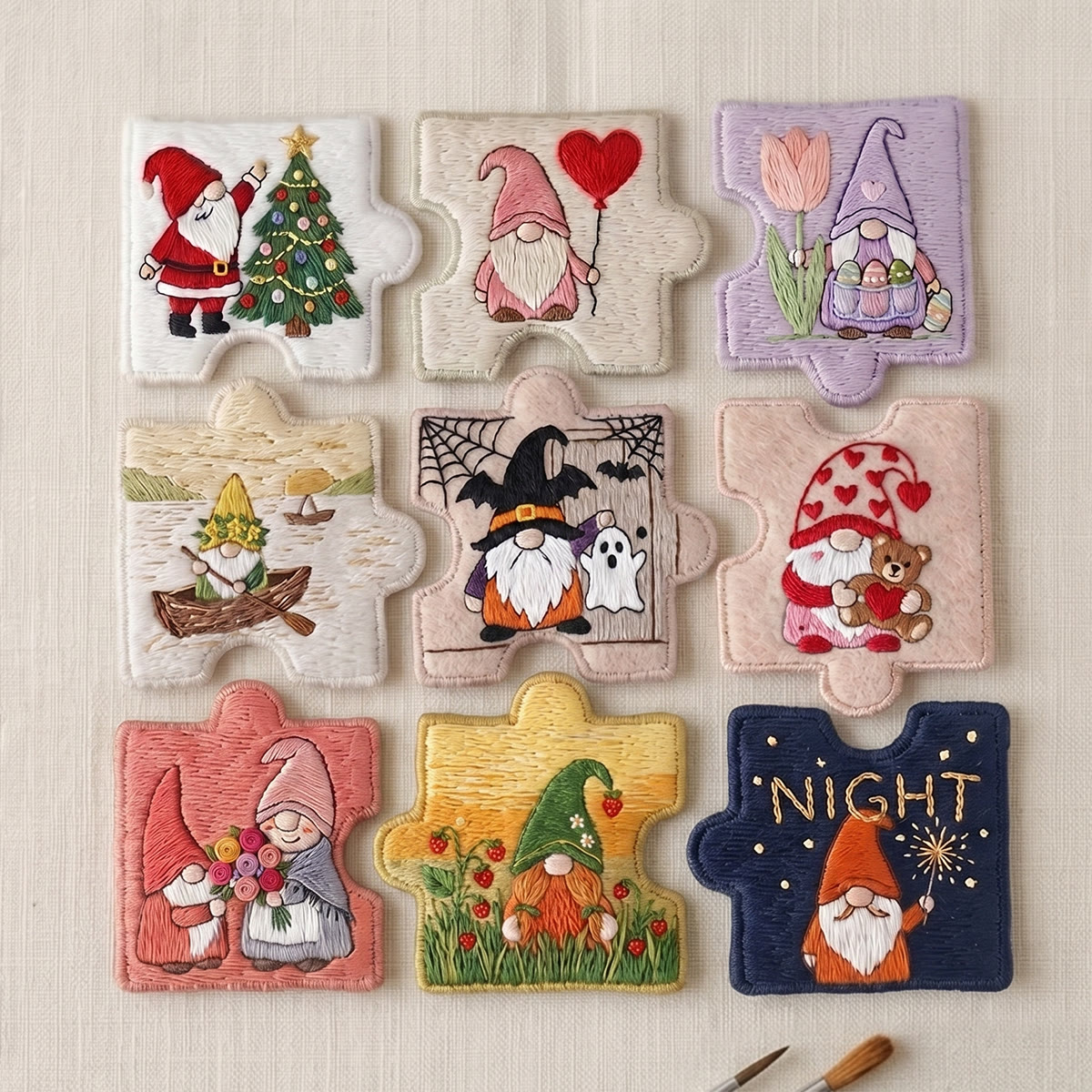 Rubbyoo Diy Magnet & Brooch Embroidery Puzzle Kit - Cute Holiday Gnomes | Handmade Magnet Gift  - 9-pcs Puzzle Brooch Kit - image 1