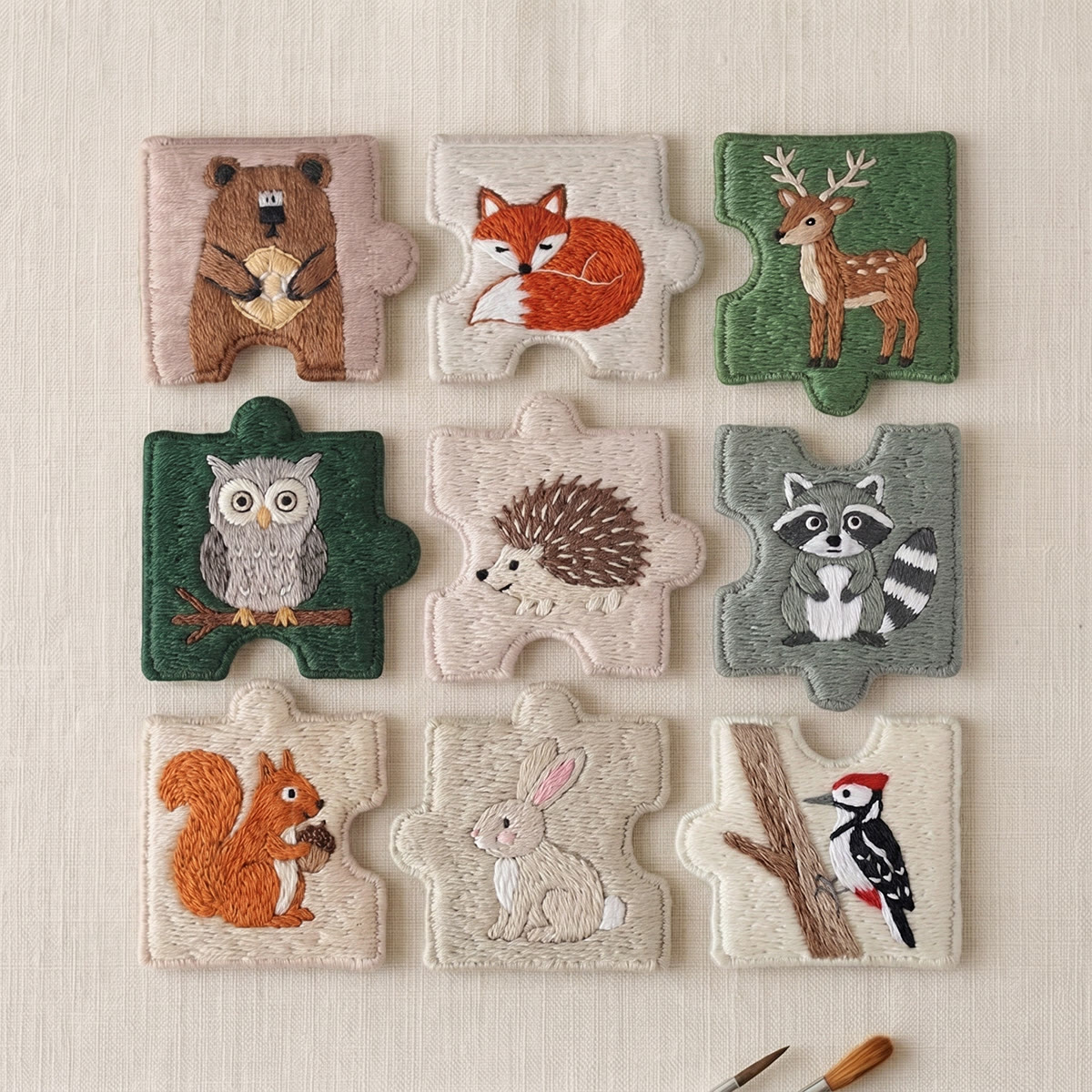 Rubbyoo Diy Magnet & Brooch Embroidery Puzzle Kit - Cute Woodland Creatures | Handmade Fabric Fridge Magnet - 9-pcs Puzzle Brooch Kit - image 1