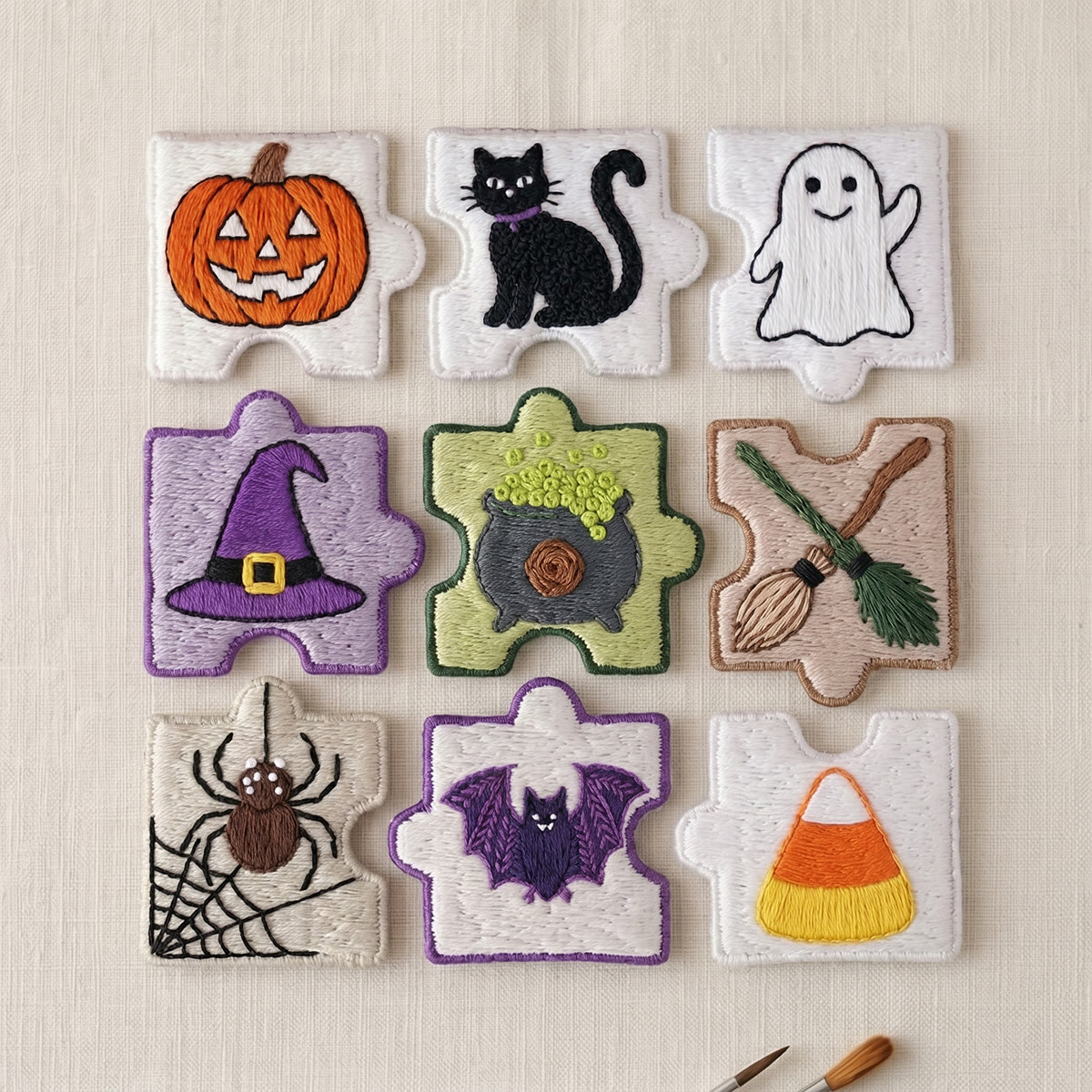 Rubbyoo Diy Magnet & Brooch Embroidery Puzzle Kit - Witchcraft Art | Spooky Cute Kitchen Decor Magnets - 9-pcs Puzzle Brooch Kit - image 1