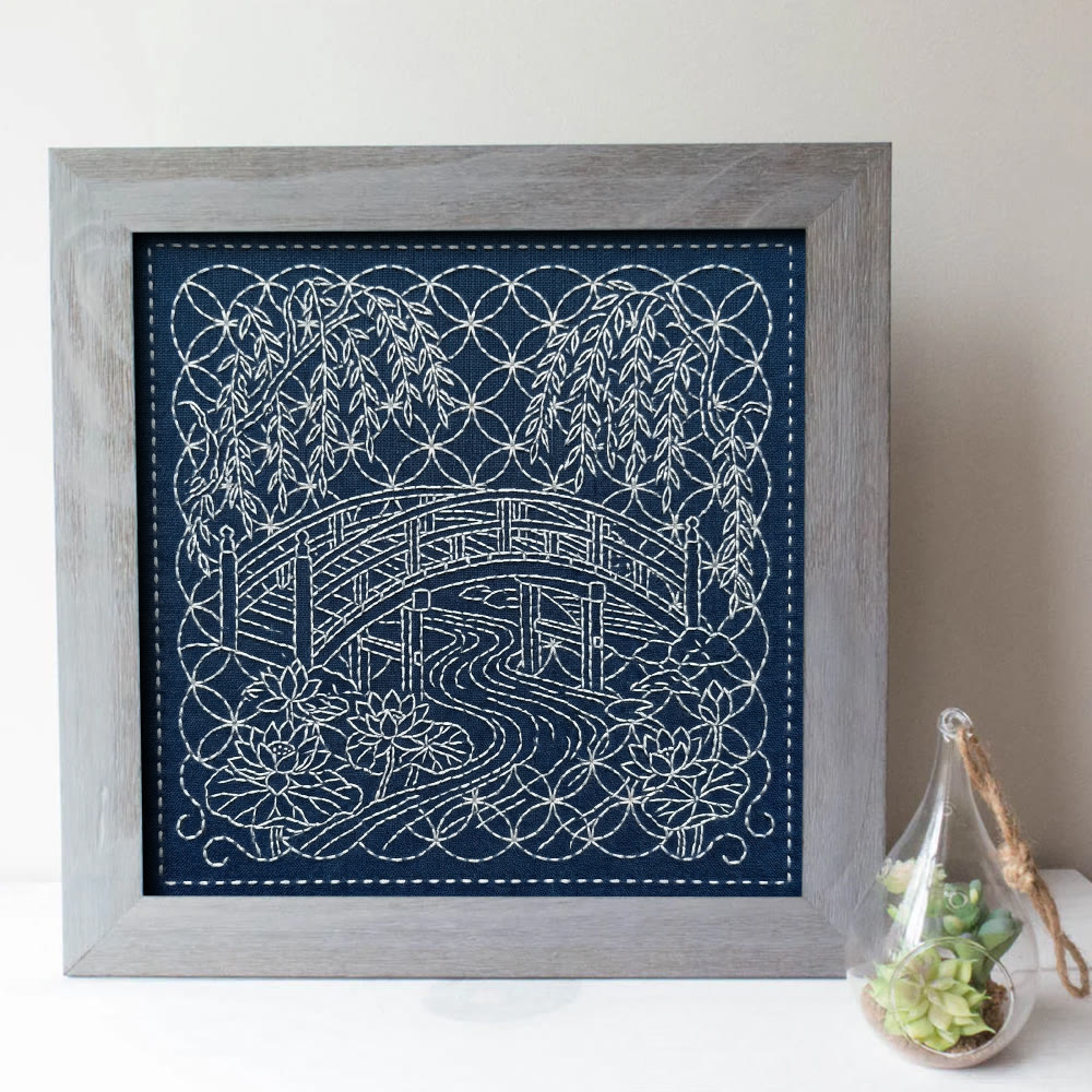 Rubbyoo Sashiko Embroidery Kit -  Zen Garden Bridge | Entry-Level Handmade Gift For Beginner | Cozy & Mindful DIY Ornament - Embroidery Kit Plus An Extra Frame - image 3