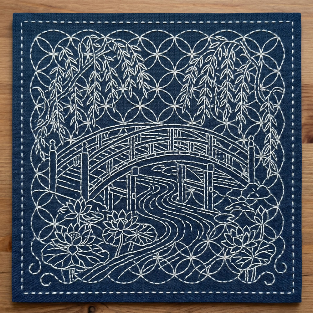 Rubbyoo Sashiko Embroidery Kit -  Zen Garden Bridge | Entry-Level Handmade Gift For Beginner | Cozy & Mindful DIY Ornament - 20*20cm - image 1