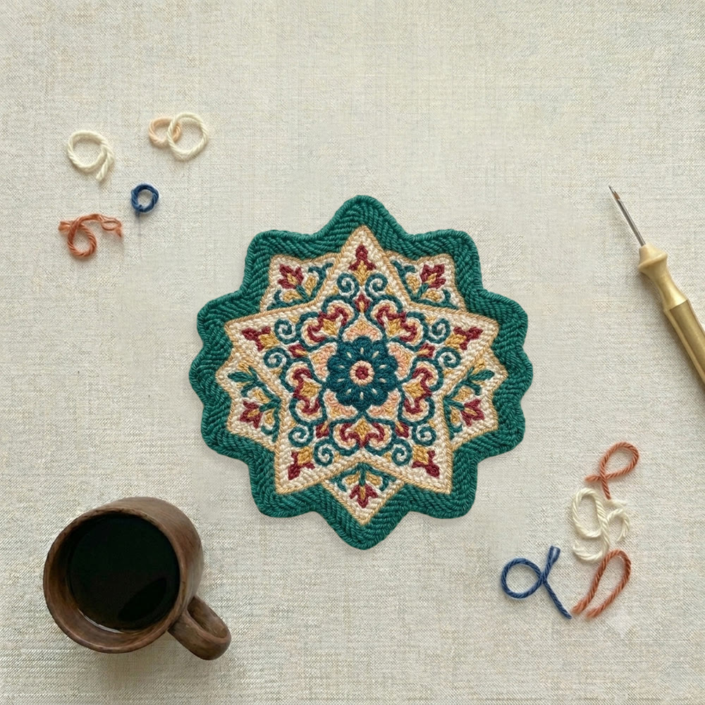  Modern Floral  Punch Needle Kit –  Tufted Boho DIY Craft Art | Ornate Vintage Mug Rug - 5 inch Coaster Kit - image 1