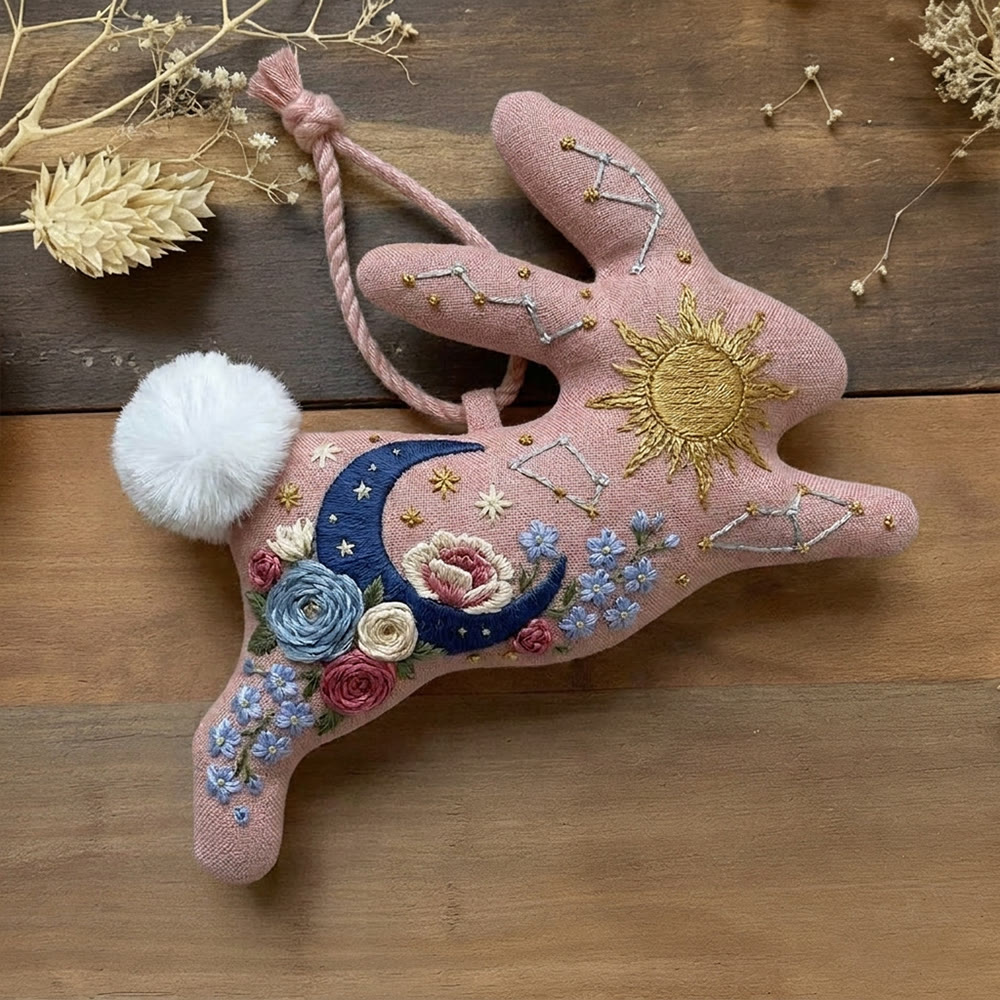 Rubbyoo Rabbit Embroidery Kit -  Golden Sun & Constellation | Exquisite Floral & Cosmic Motif | Healing Easy-to-do Needlework Project - 6 inches hoop kit - image 1