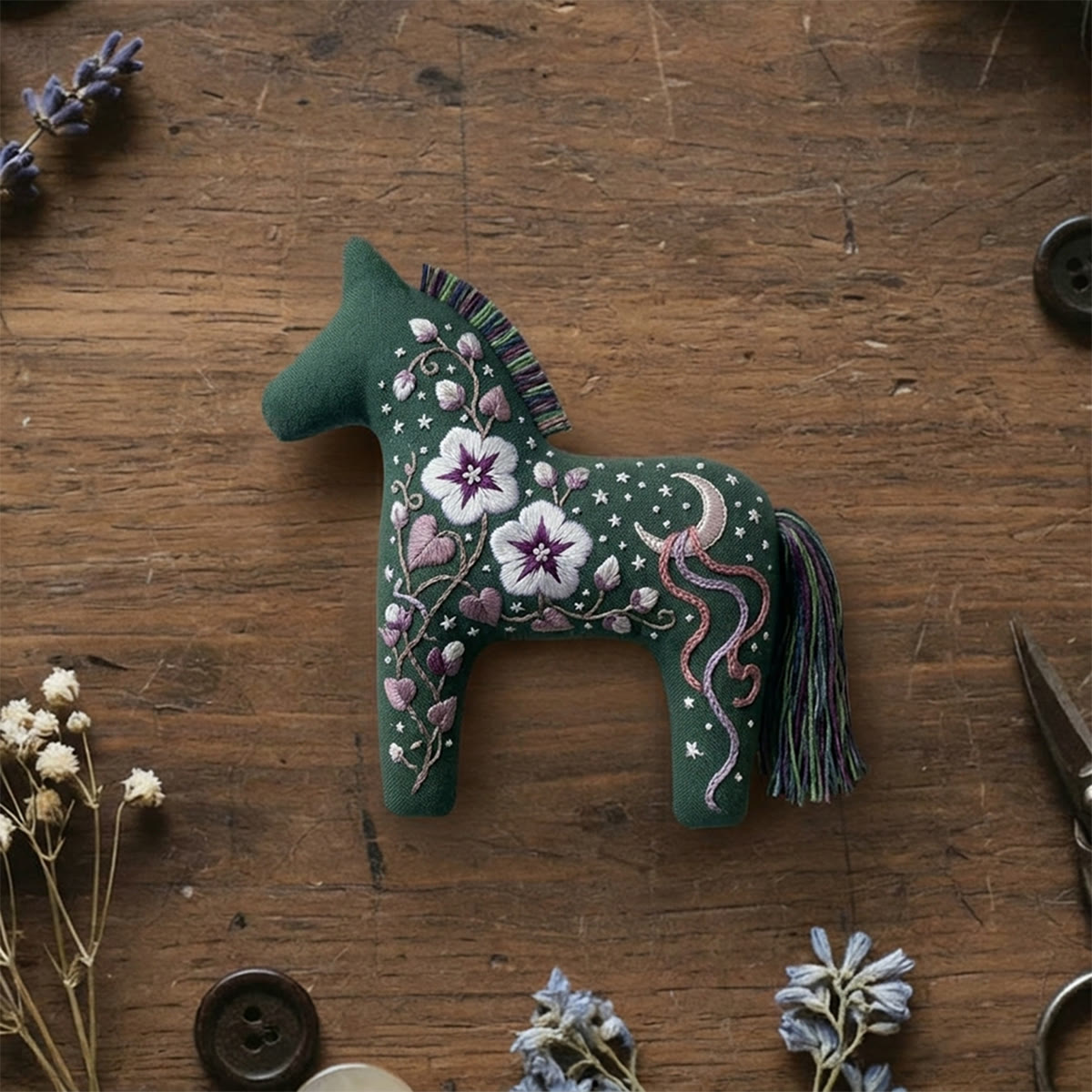 Rubbyoo Dala Horse Embroidery Kit - Celestial And Flowers | Meaningful Handmade Gift | Boho Floral Ornament: - 6 inches hoop kit - image 1