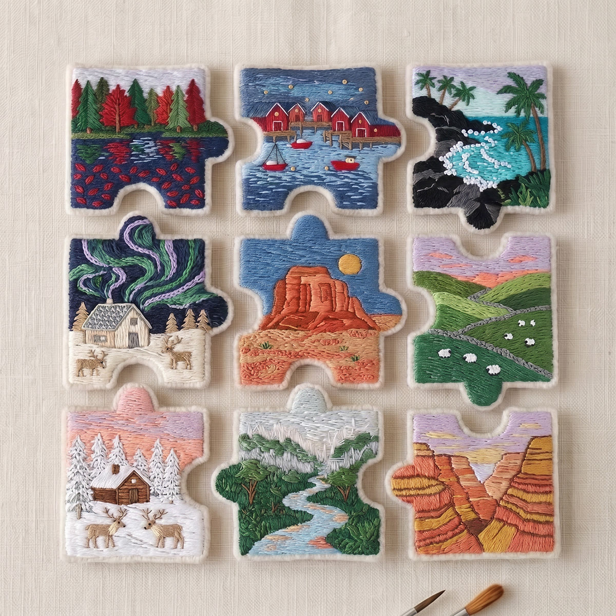 Rubbyoo Diy Magnet & Brooch Embroidery Puzzle Kit - Scenic Views | Decorative Kitchen Magnet - 9-pcs Puzzle Brooch Kit - image 1