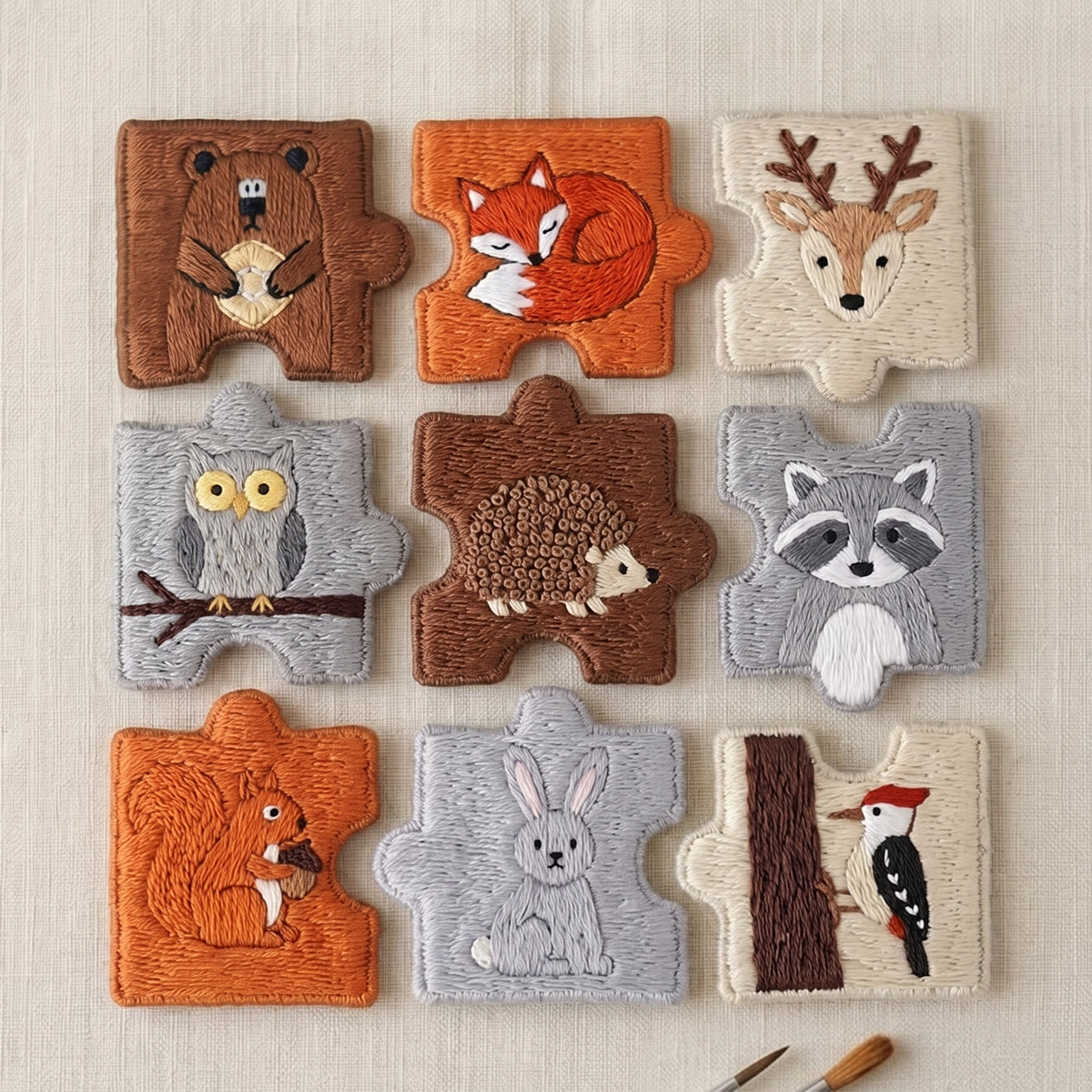 Rubbyoo Diy Magnet & Brooch Embroidery Puzzle Kit - Woodland Animals | Nursery Decor Aesthetics - 9-pcs Puzzle Brooch Kit - image 1