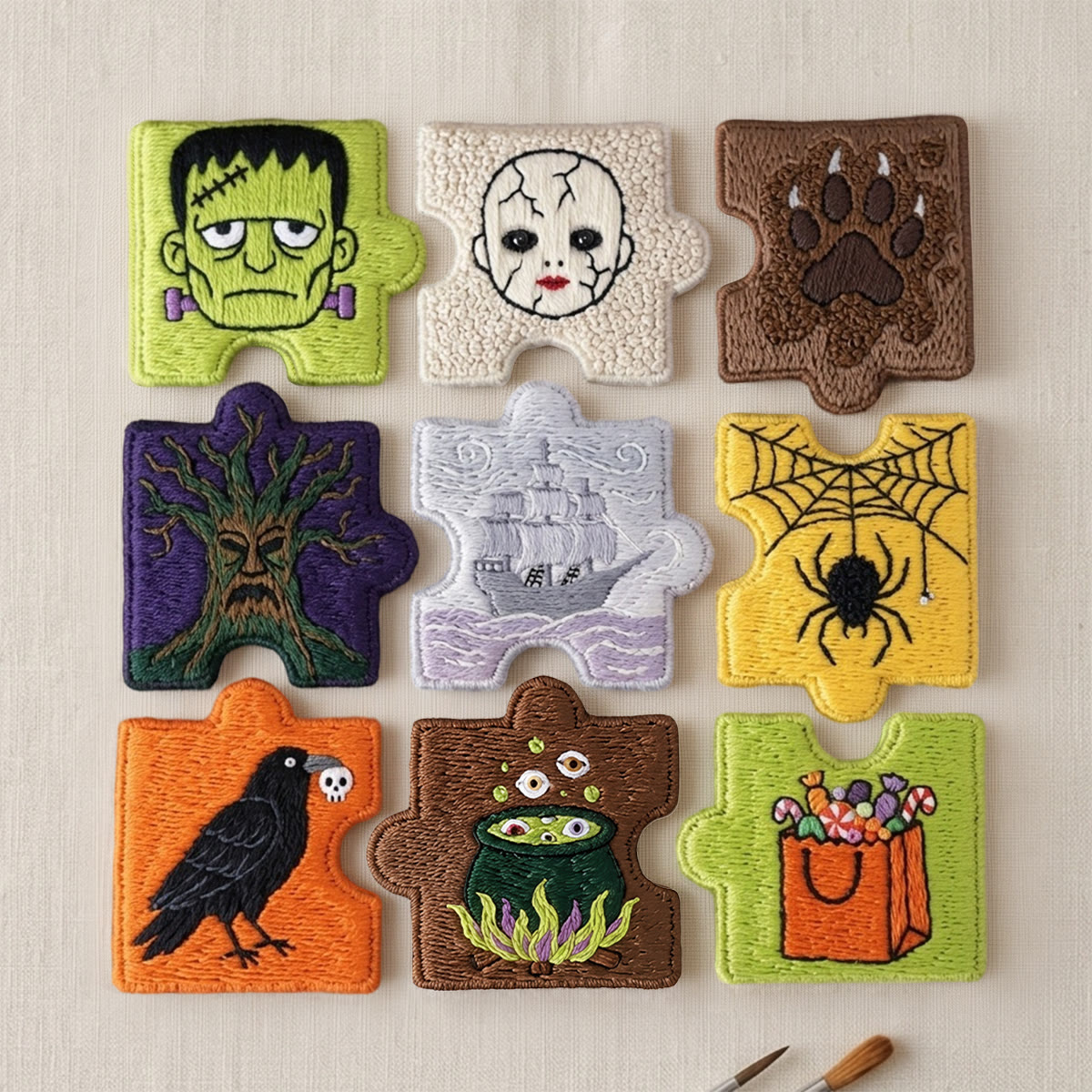 Rubbyoo Diy Magnet & Brooch Embroidery Puzzle Kit - Spooky Halloween Scenes | Gifts For Horror Fans - 9-pcs Puzzle Brooch Kit - image 1