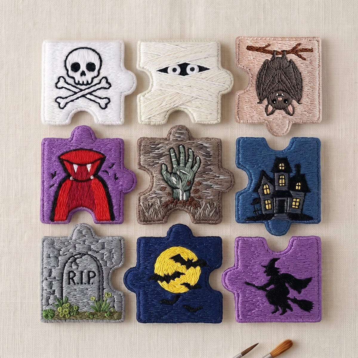 Rubbyoo Diy Magnet & Brooch Embroidery Puzzle Kit - Vintage Horror Aesthetics | Spooky Cute Fridge Decor - 9-pcs Puzzle Brooch Kit - image 1