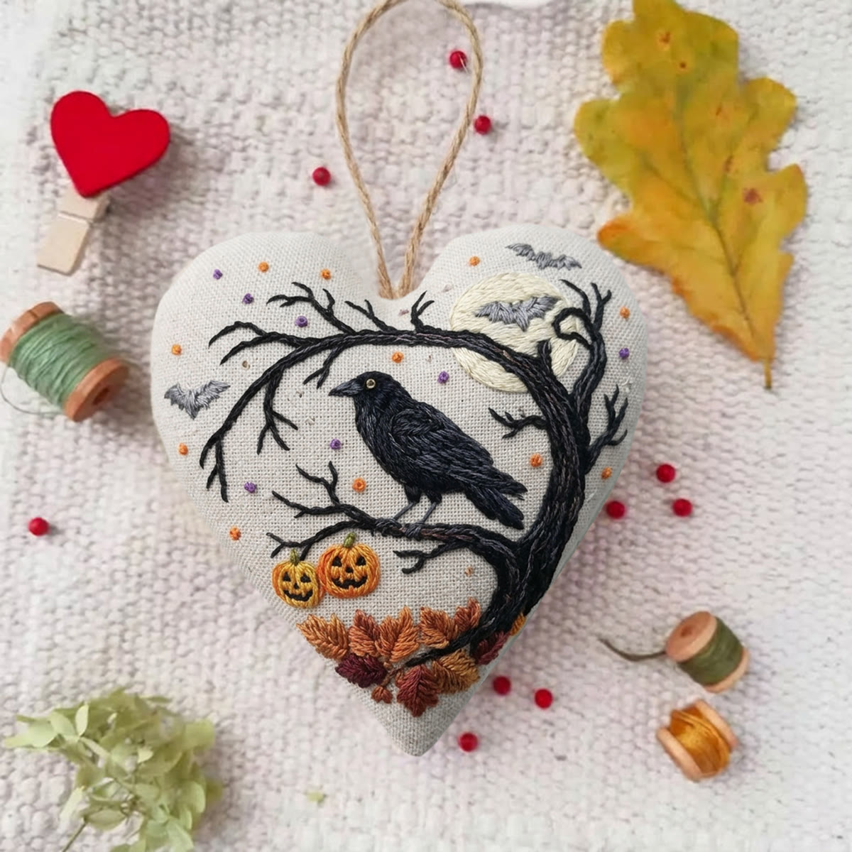 Rubbyoo Heart Embroidery Kit - Halloween Crow | Pretty Heart-Shaped Hanging Art | Whimsical Halloween Present For Friend - image 2
