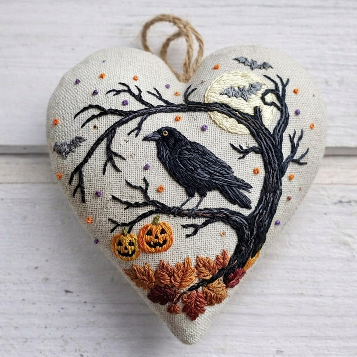 Rubbyoo Heart Embroidery Kit - Halloween Crow | Pretty Heart-Shaped Hanging Art | Whimsical Halloween Present For Friend - 6 inches hoop kit - image 1
