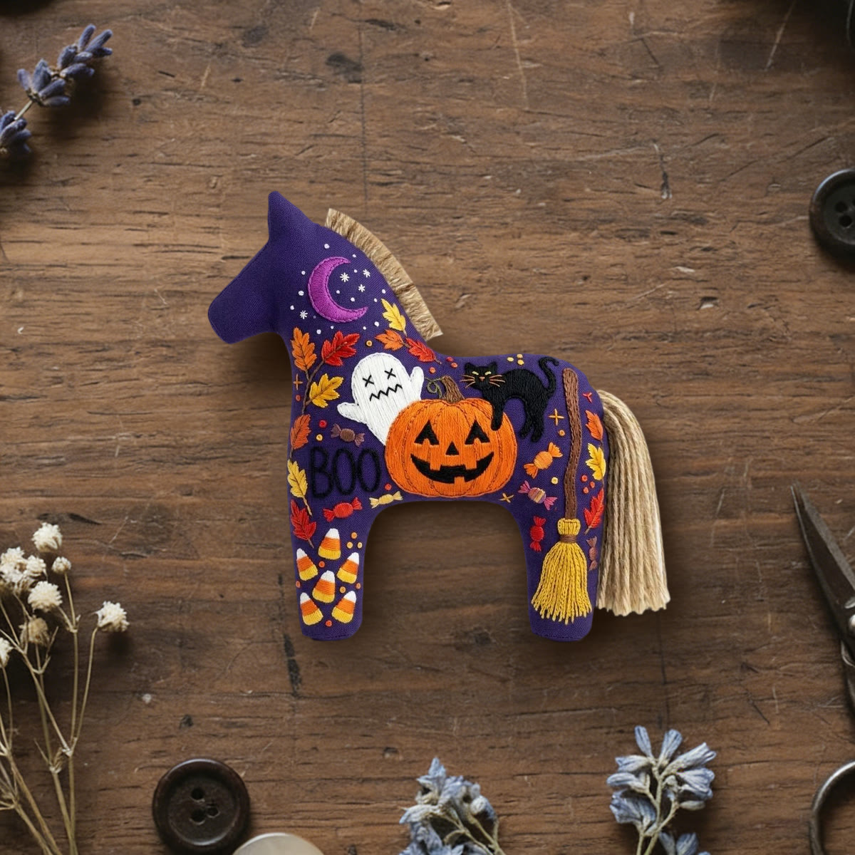 Rubbyoo Dala Horse Embroidery Kit - Jack-o'-Lantern | Cute Ghost Gift | Witchy Bag Charm - 6 inches hoop kit - image 1