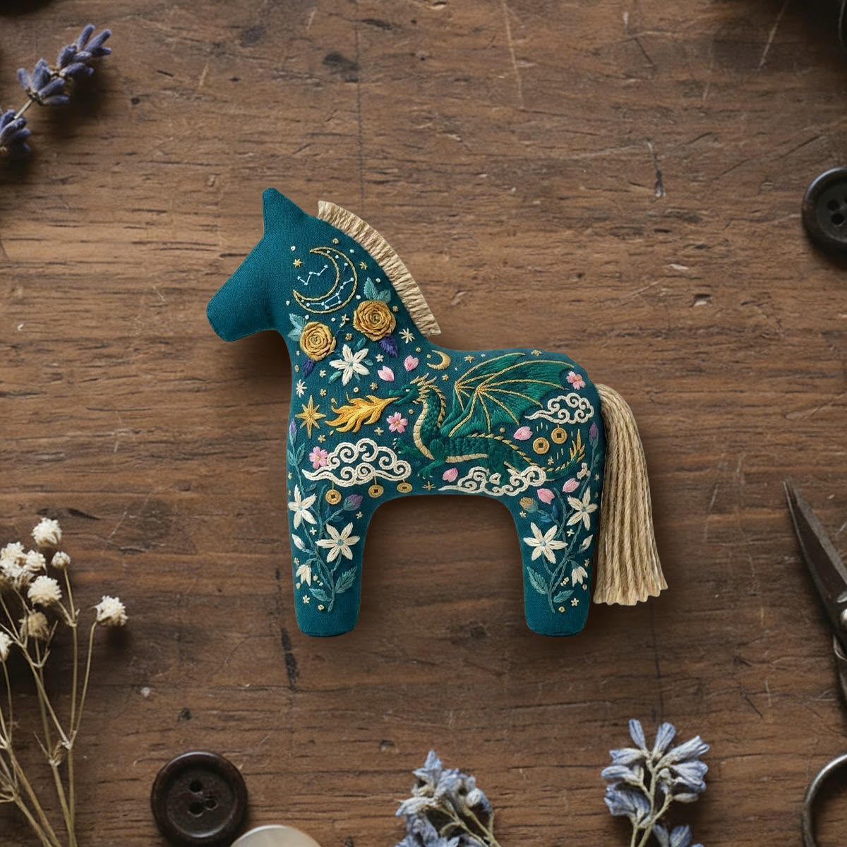 Rubbyoo Dala Horse Embroidery Kit - Fire Breathing Dragon  | Horse Lover Present | Aesthetic Bag Charm - 6 inches hoop kit - image 1