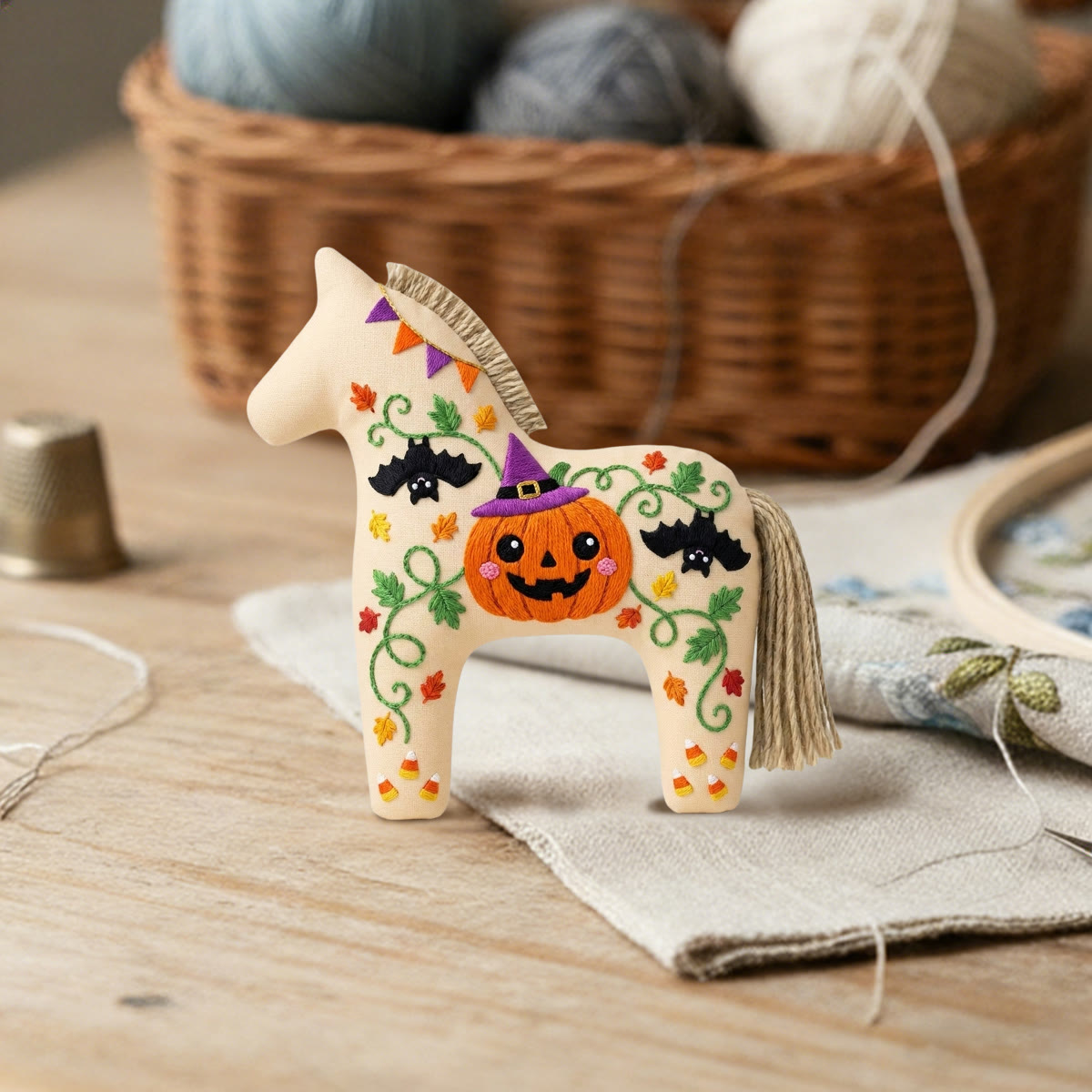 Rubbyoo Dala Horse Embroidery Kit - Pumpkin With Witch Hat | Spooky Gift For Kids | Spooky Keychain - image 3