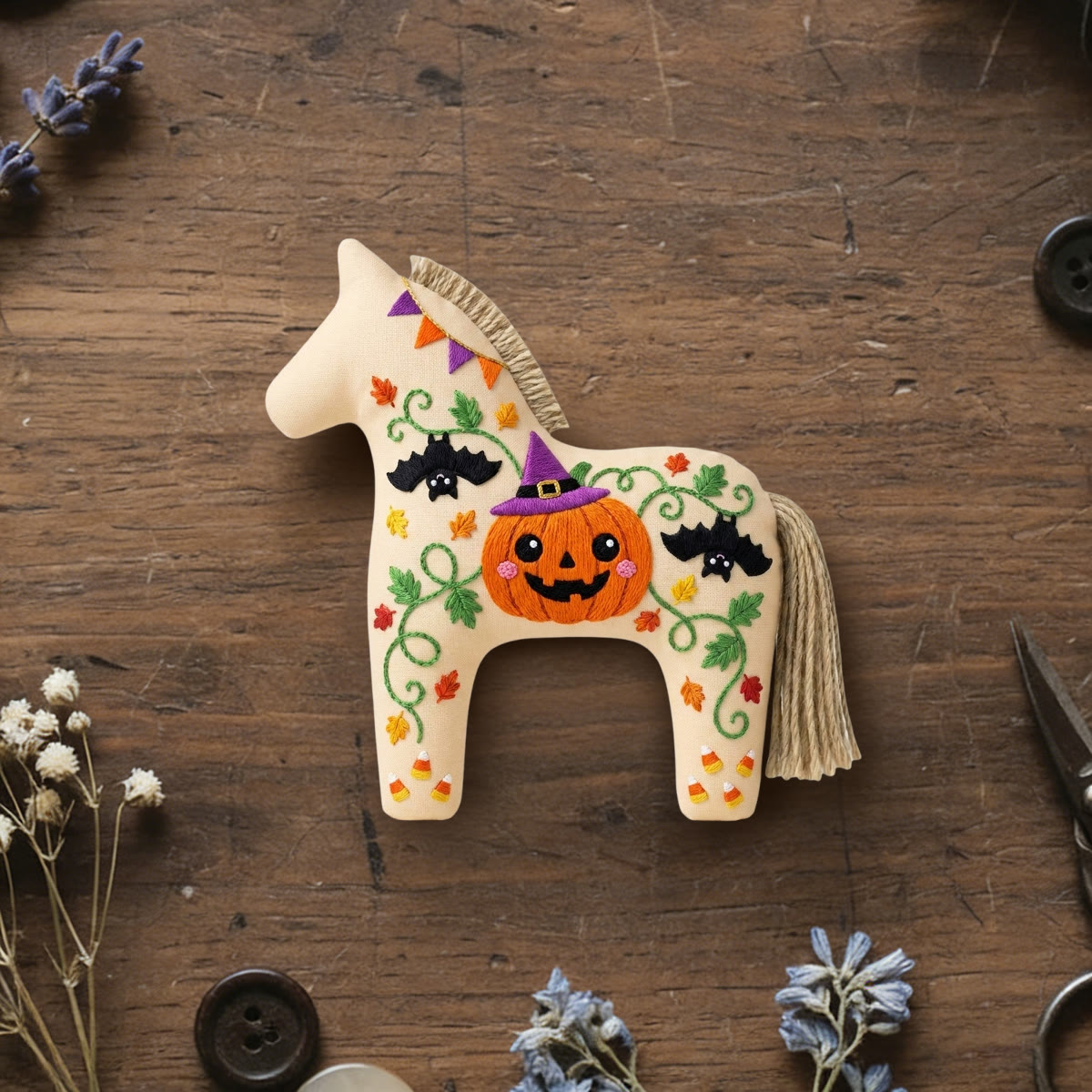 Rubbyoo Dala Horse Embroidery Kit - Pumpkin With Witch Hat | Spooky Gift For Kids | Spooky Keychain - 6 inches hoop kit - image 1