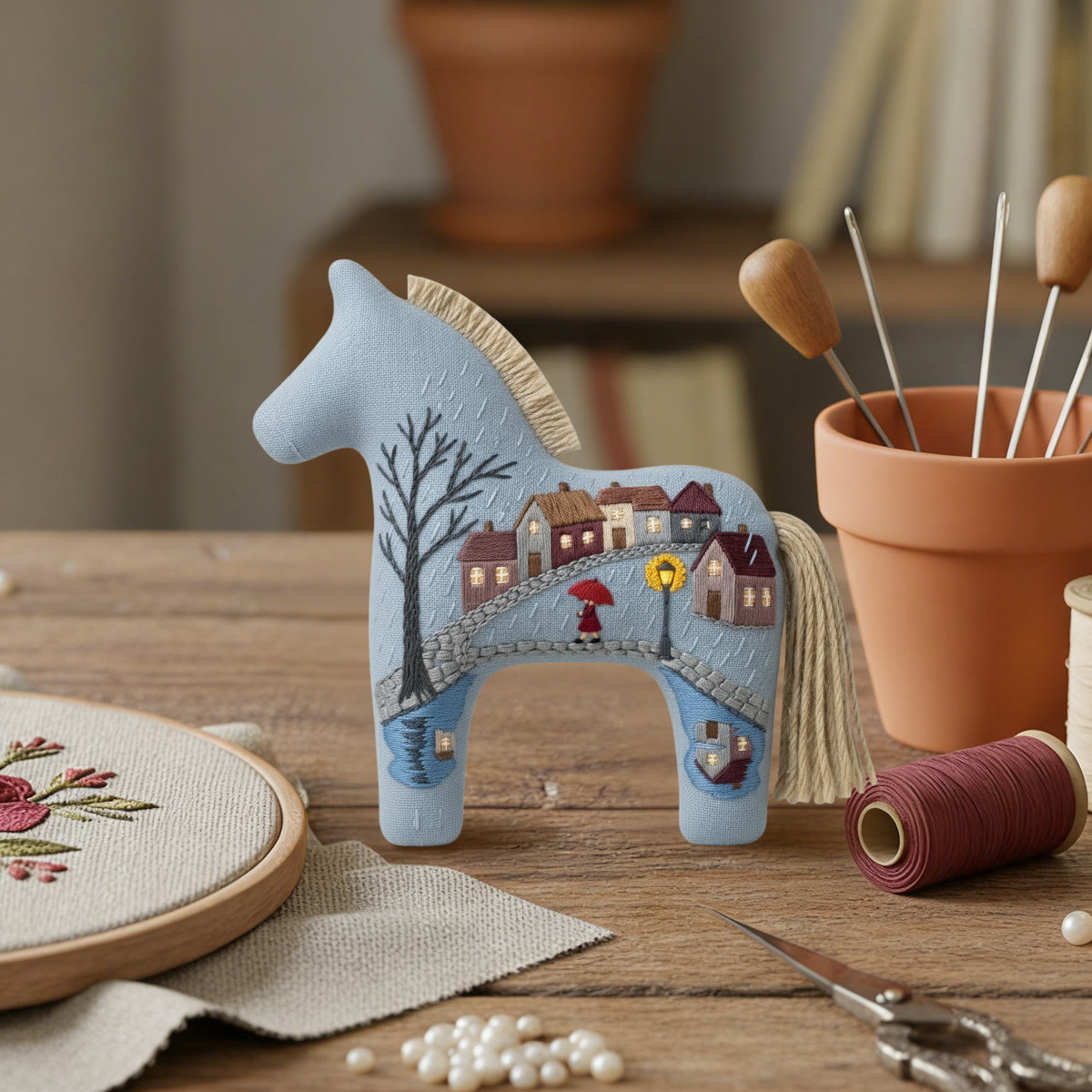 Rubbyoo Dala Horse Embroidery Kit - Woman With Red Umbrella | Cute Gift For Her | Cozy Bedroom Decor - image 6