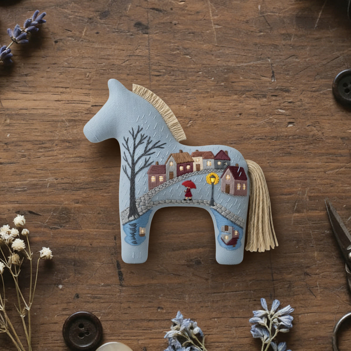 Rubbyoo Dala Horse Embroidery Kit - Woman With Red Umbrella | Cute Gift For Her | Cozy Bedroom Decor - 6 inches hoop kit - image 1