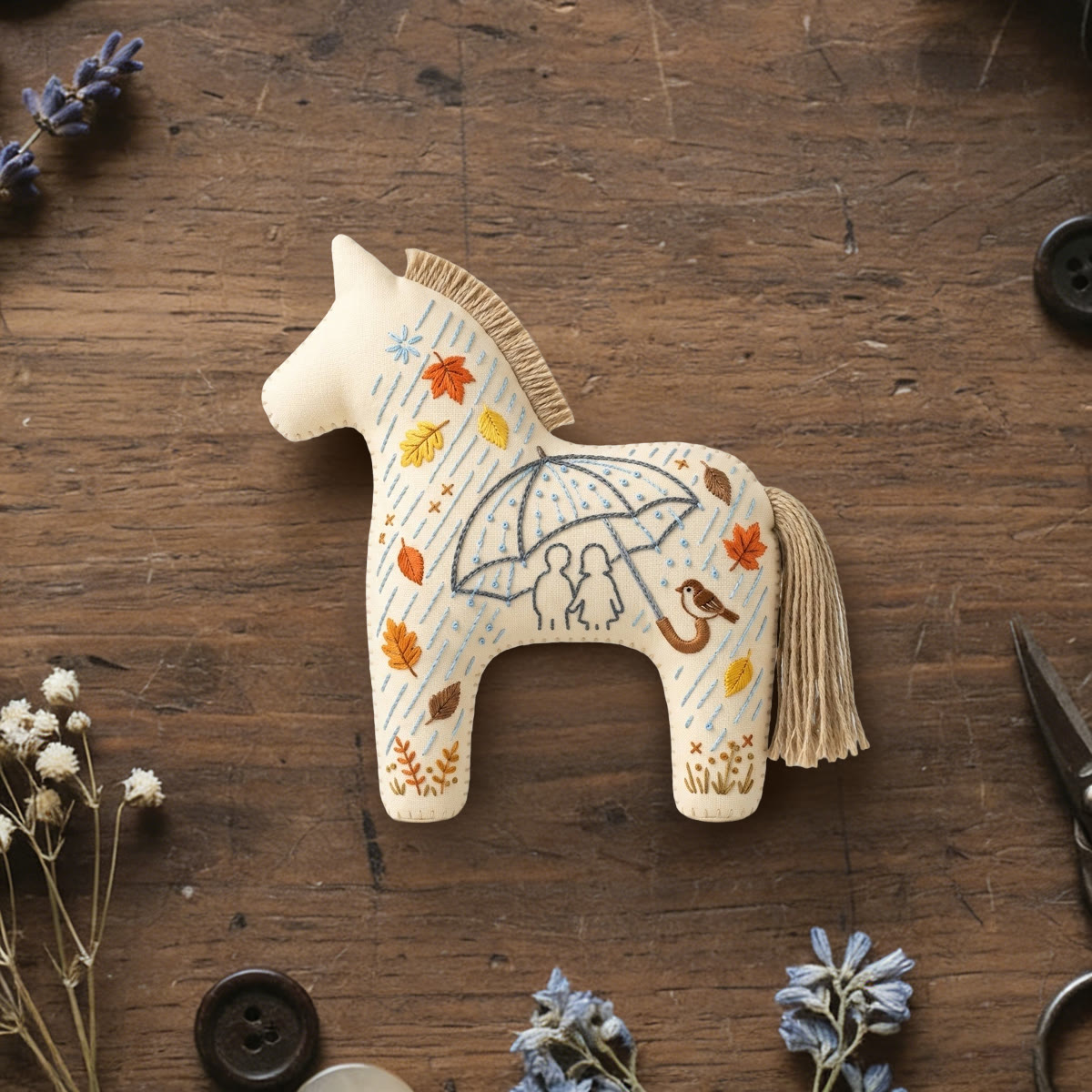 Rubbyoo Dala Horse Embroidery Kit - Couple Under Umbrella | Anniversary Gift For Her | Romantic Travel Keychain - 6 inches hoop kit - image 1