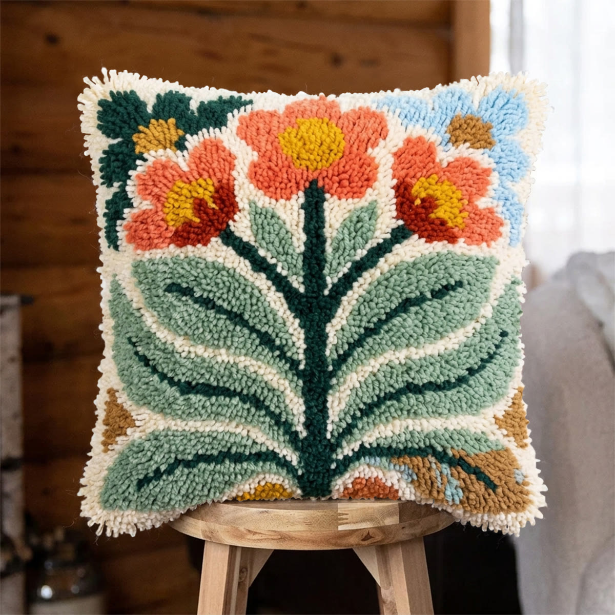 Rubbyoo Latch Hook Pillow Kit - Blooming Floral | Birthday Gift For Her | Home Decor For Sofa Bed - 43*43cm - image 1
