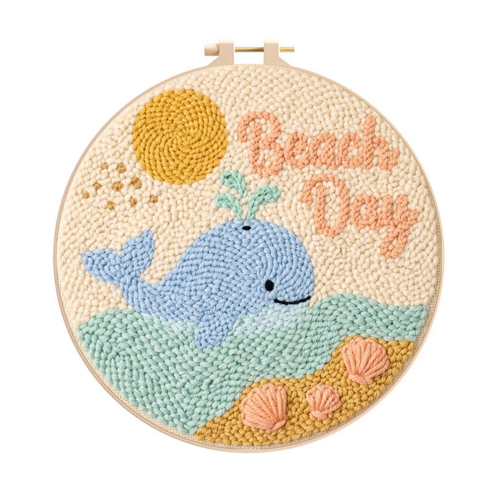 Happy Blue Whale Punch Needle Kit - Ocean Motif Housewarming Gift | Warm-toned Table Decoration - 8 inch Hoop Kit - image 1