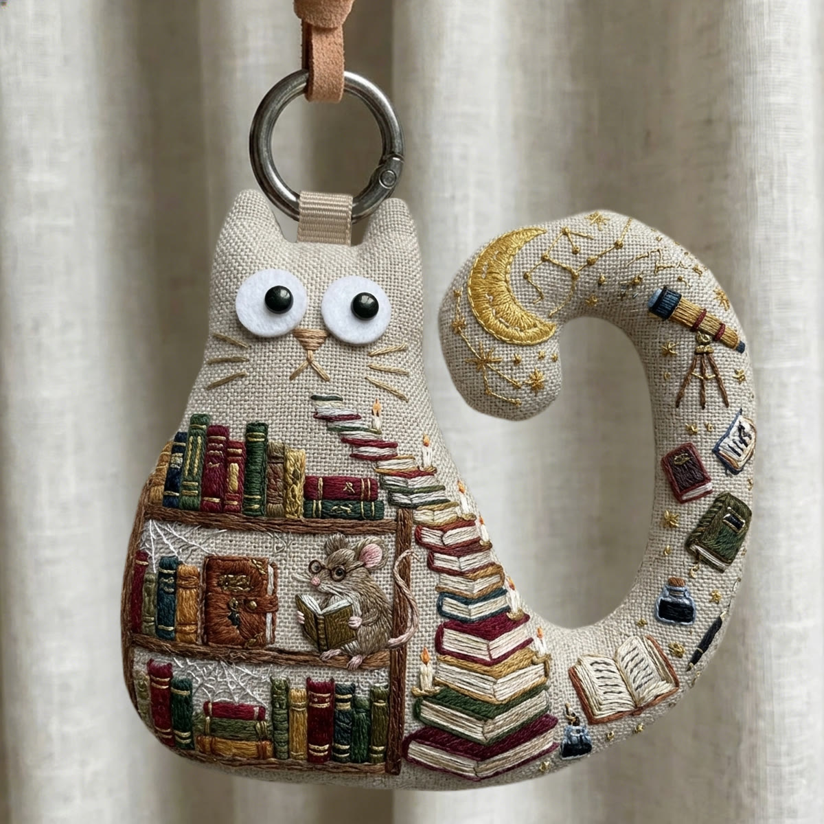 Rubbyoo Cat Embroidery Kit - Miniature Bookshelf | Unique Handmade Gift | Backpack Accessory - 6 inches hoop kit - image 1