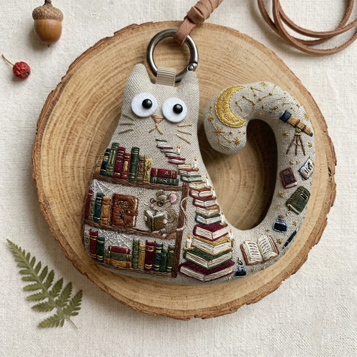 Rubbyoo Cat Embroidery Kit - Miniature Bookshelf | Unique Handmade Gift | Backpack Accessory - image 2
