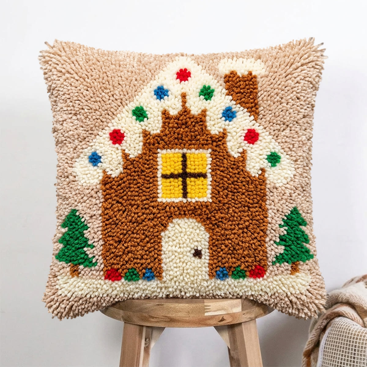 Rubbyoo Latch Hook Pillow Kit - Gingerbread House | Christmas Room Ornament | Easy Holiday Handicraft  - 43*43cm - image 1