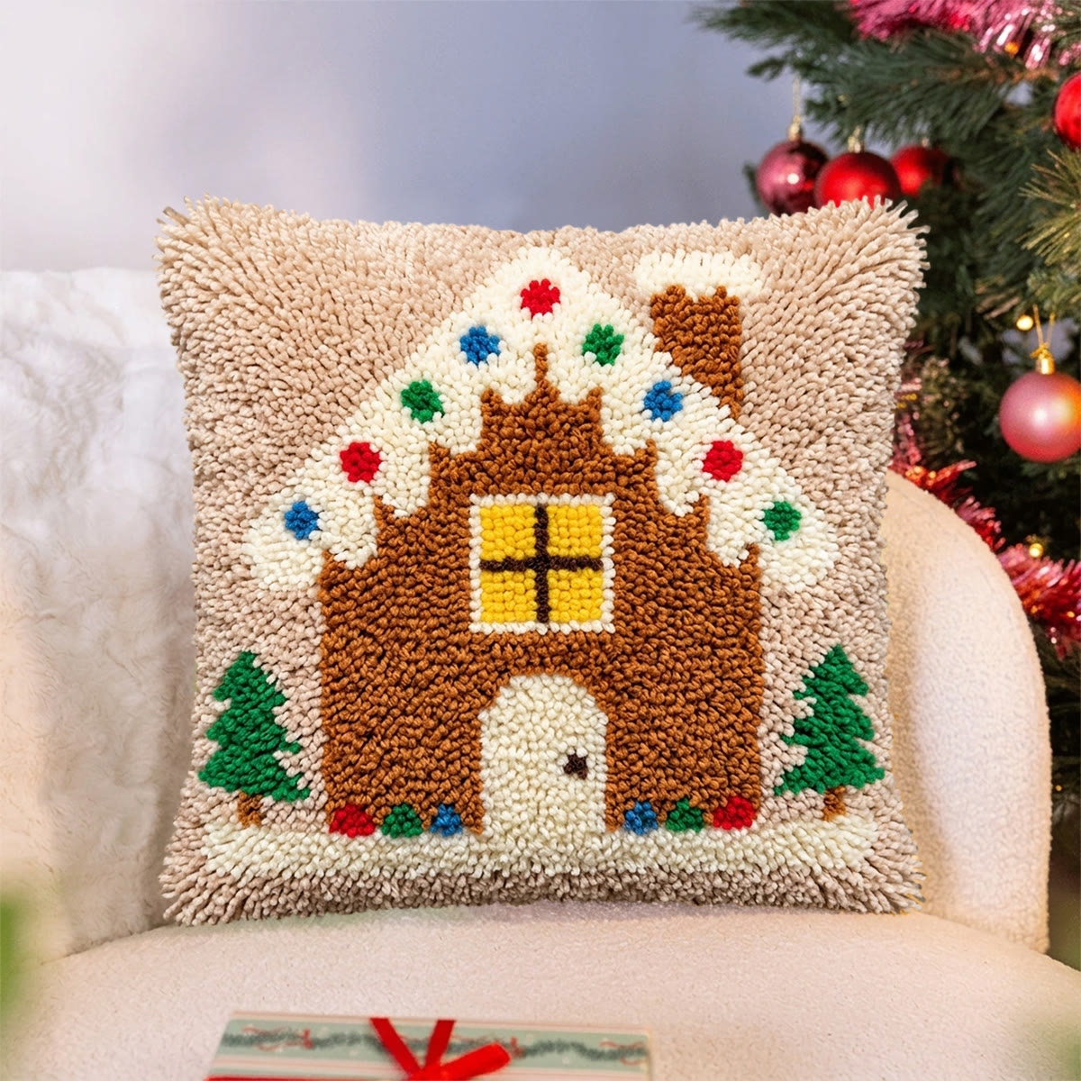 Rubbyoo Latch Hook Pillow Kit - Gingerbread House | Christmas Room Ornament | Easy Holiday Handicraft  - image 2