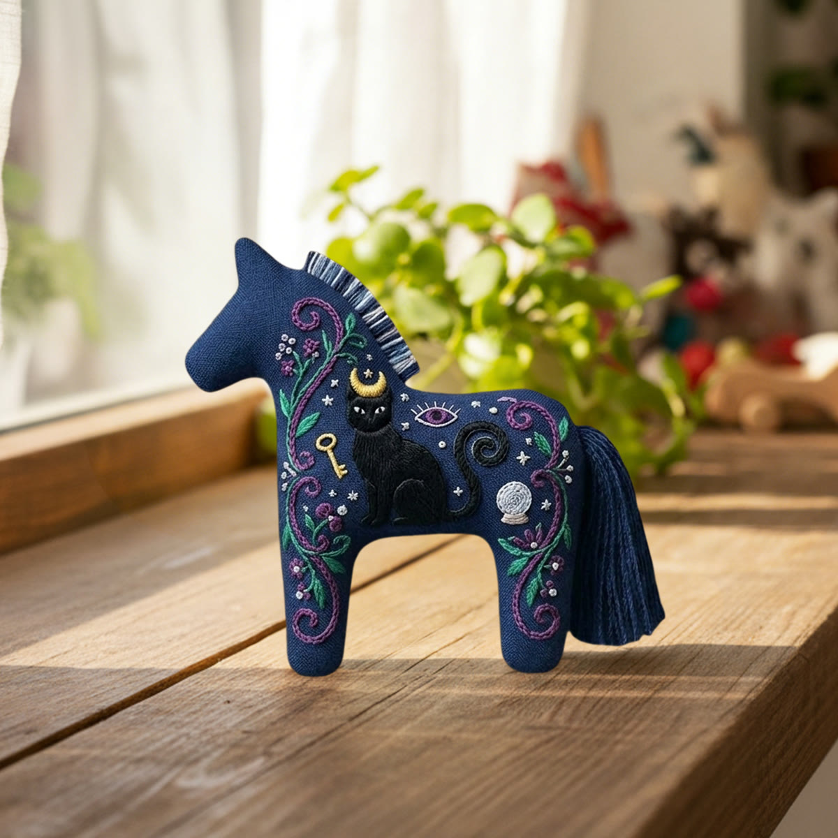 Rubbyoo Dala Horse Embroidery Kit - Black Cat | Goth Birthday Gift | Celestial Car Mirror Hanging - image 3