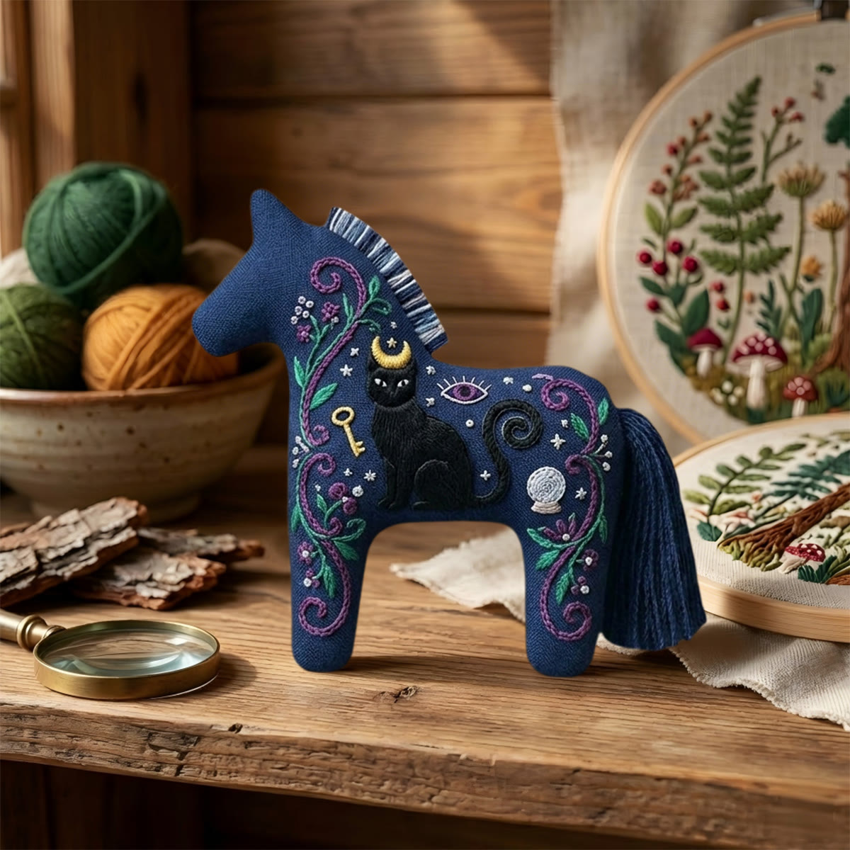 Rubbyoo Dala Horse Embroidery Kit - Black Cat | Goth Birthday Gift | Celestial Car Mirror Hanging - image 6