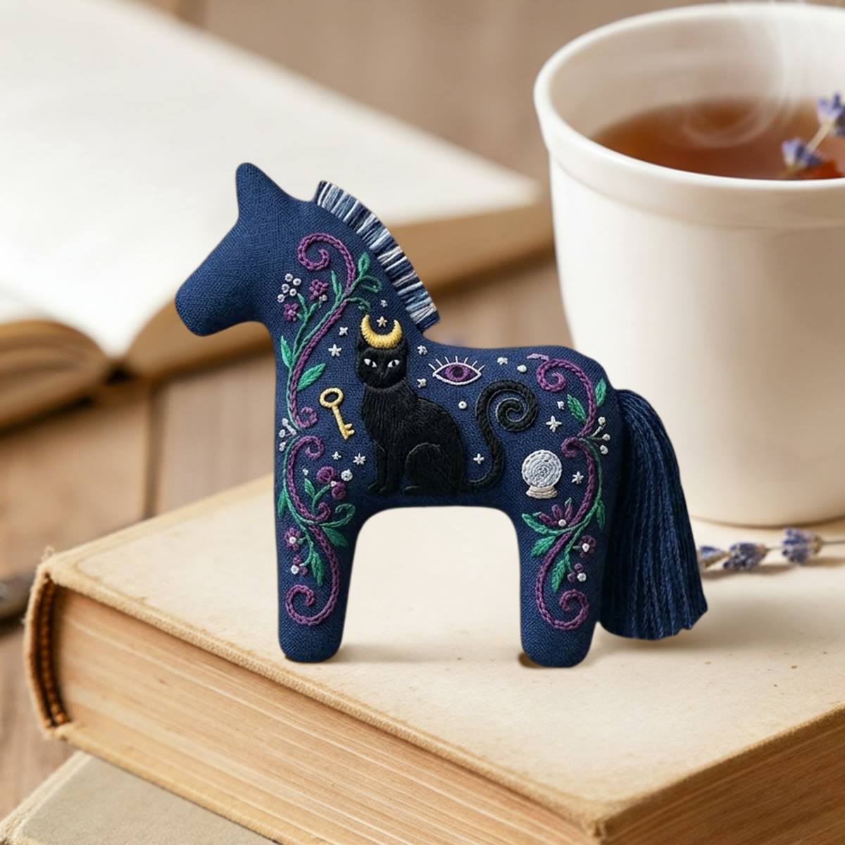 Rubbyoo Dala Horse Embroidery Kit - Black Cat | Goth Birthday Gift | Celestial Car Mirror Hanging - image 2