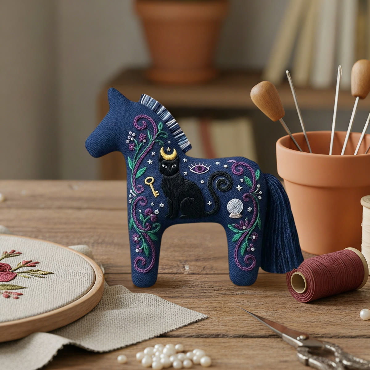 Rubbyoo Dala Horse Embroidery Kit - Black Cat | Goth Birthday Gift | Celestial Car Mirror Hanging - image 7