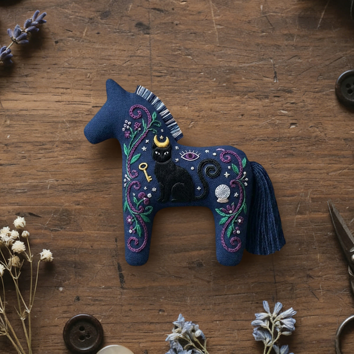 Rubbyoo Dala Horse Embroidery Kit - Black Cat | Goth Birthday Gift | Celestial Car Mirror Hanging - 6 inches hoop kit - image 1