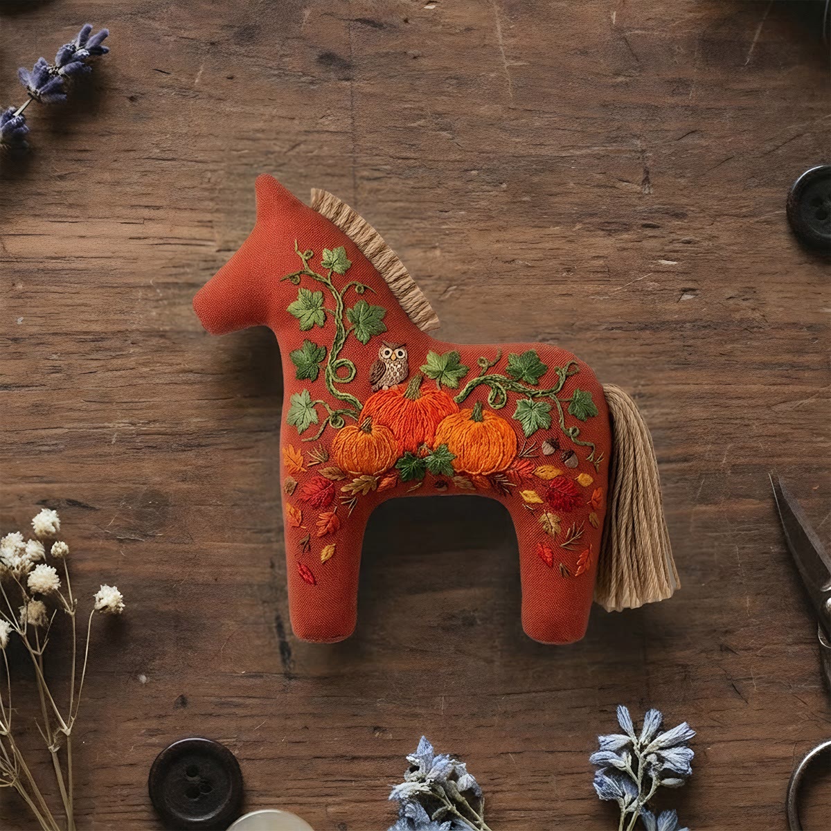 Rubbyoo Dala Horse Embroidery Kit - Pumpkin Patch | Cozy Gift For Friend | Bag Charm - 6 inches hoop kit - image 1