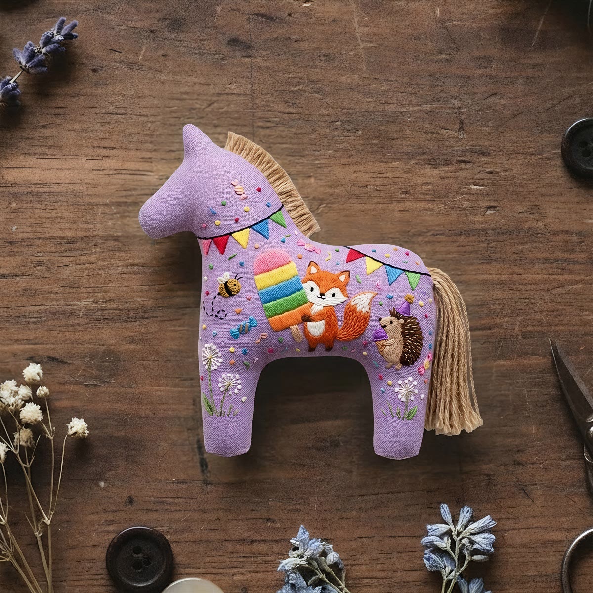 Rubbyoo Dala Horse Embroidery Kit - Fox With Rainbow Popsicle | Summer Decor Gift | Keyring Accessories - 6 inches hoop kit - image 1