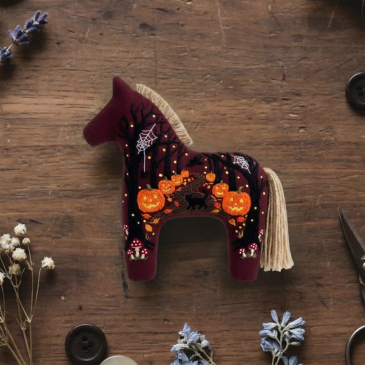 Rubbyoo Dala Horse Embroidery Kit - Glowing Pumpkins | Witchy Gifts For Her | Halloween Tree Ornament - 6 inches hoop kit - image 1